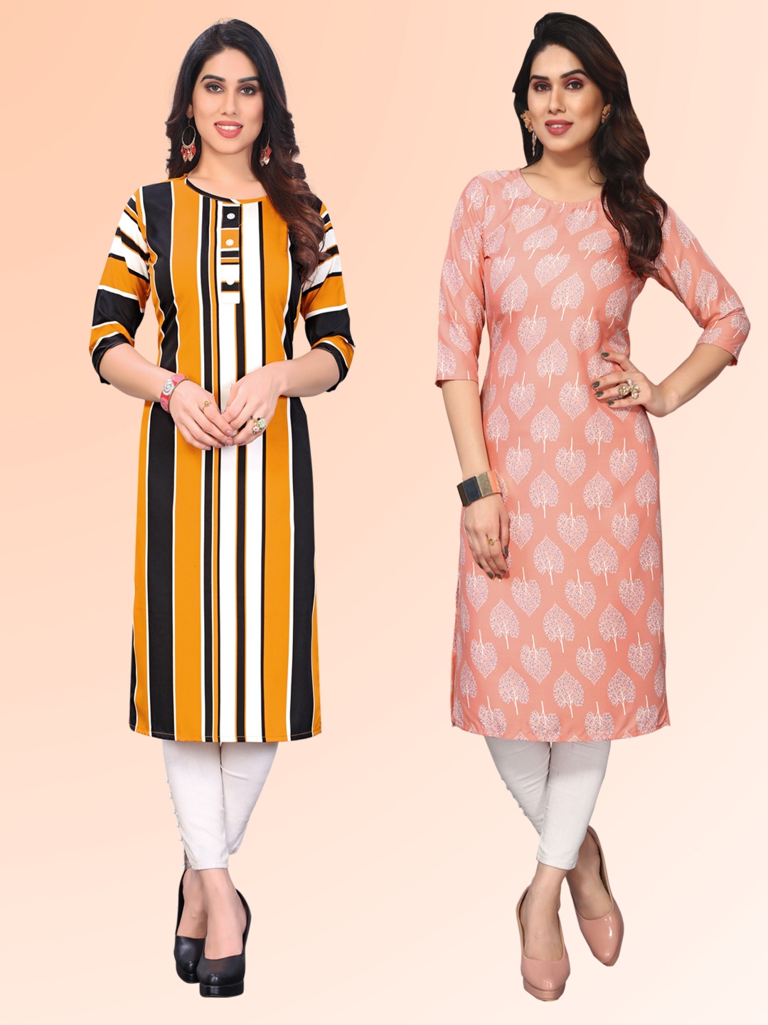

KETAKI FASHION Selection of 2 Striped Round Neck Straight Kurtas, Mustard