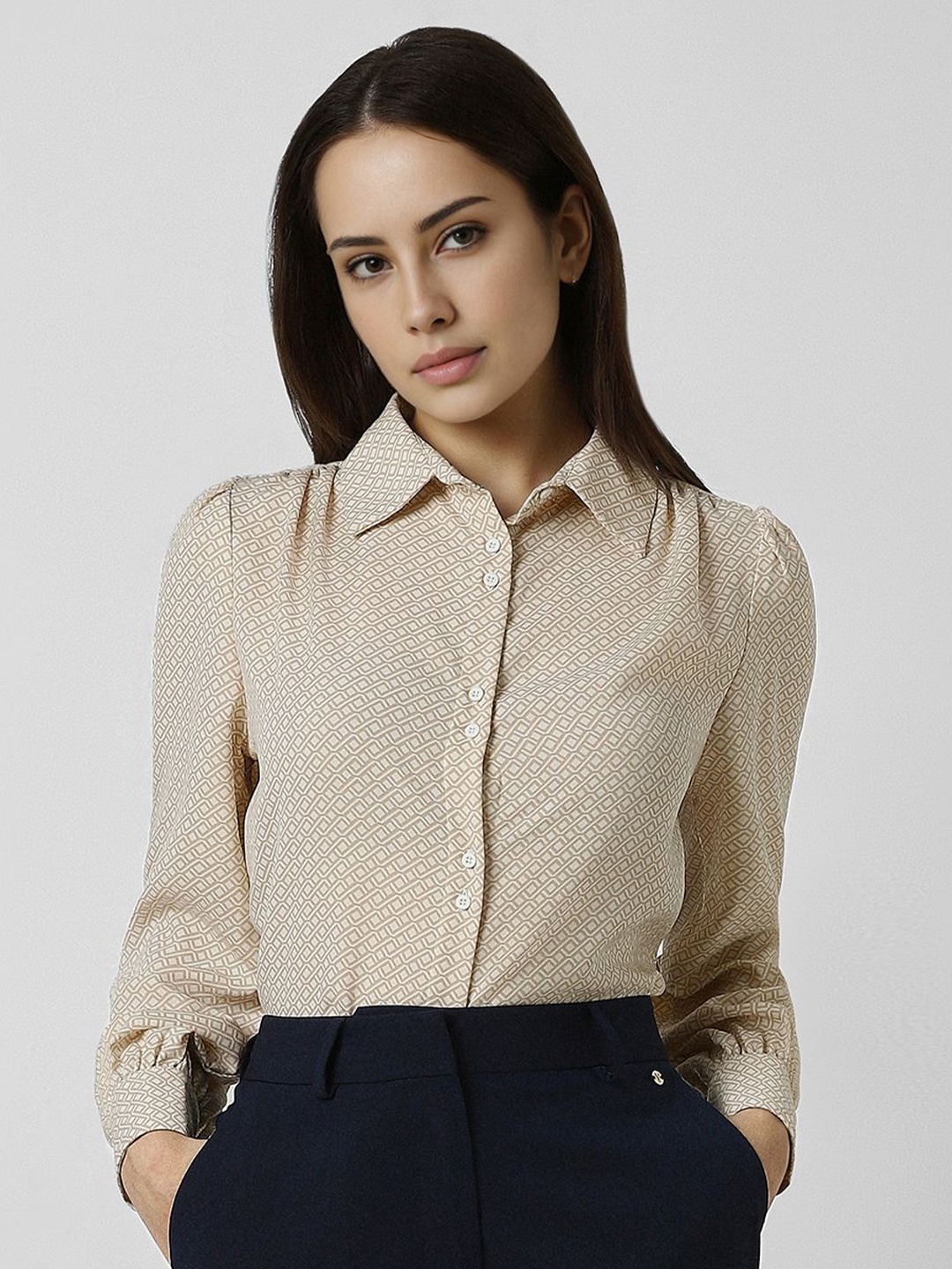 

Van Heusen Woman Spread Collar Geometric Printed Formal Shirt, Beige