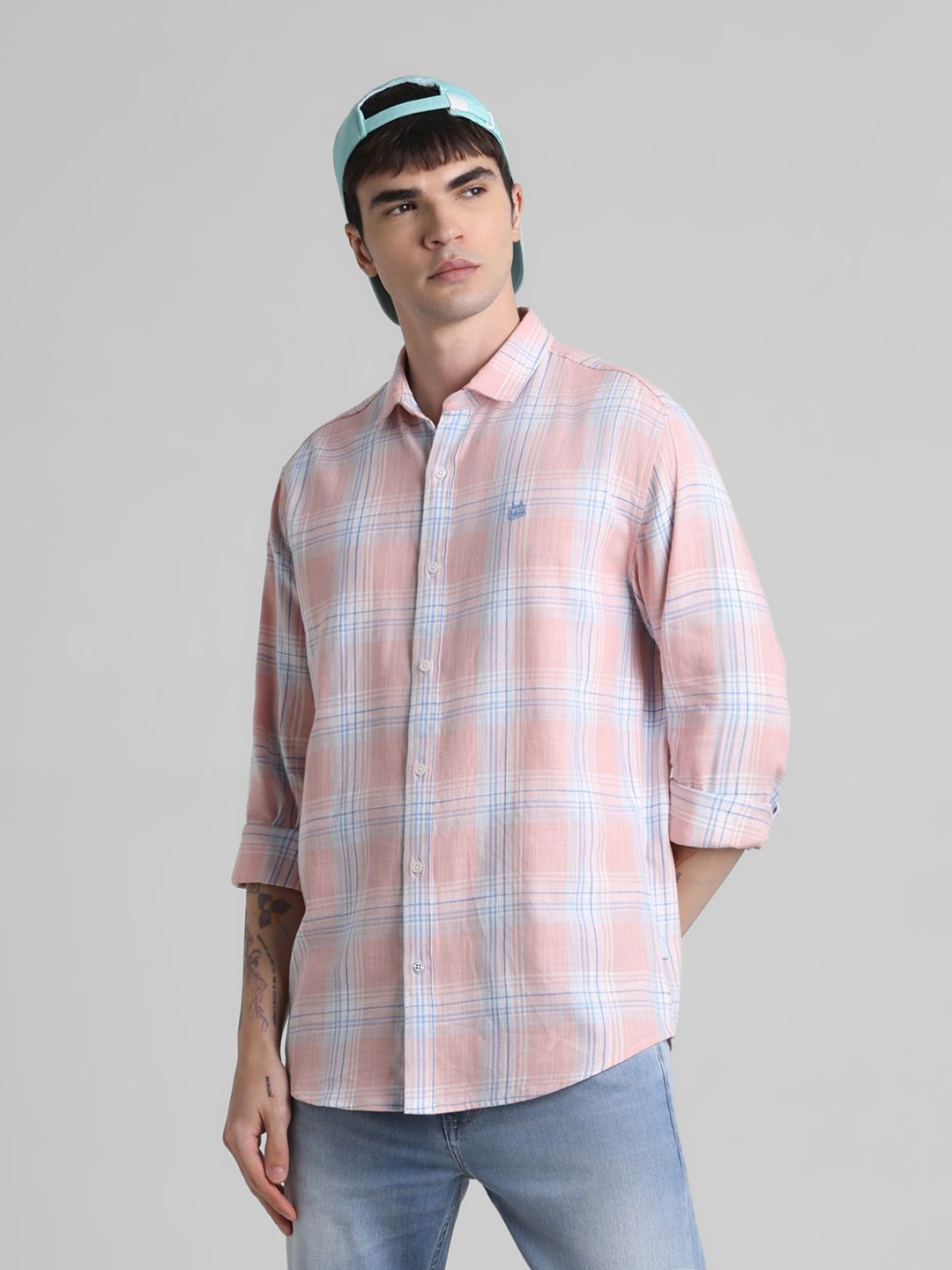 

Jack & Jones Men Relaxed Fit Spread Collar Tartan Checked Cotton Casual Shirt, Peach