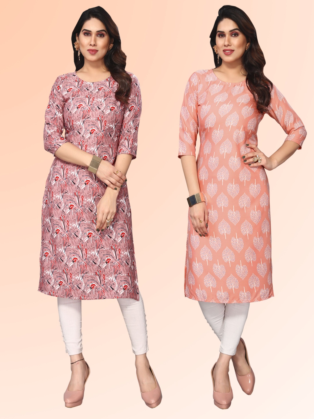 

KETAKI FASHION Selection Of 2 Geometric Printed Round Neck Kurtas, Pink
