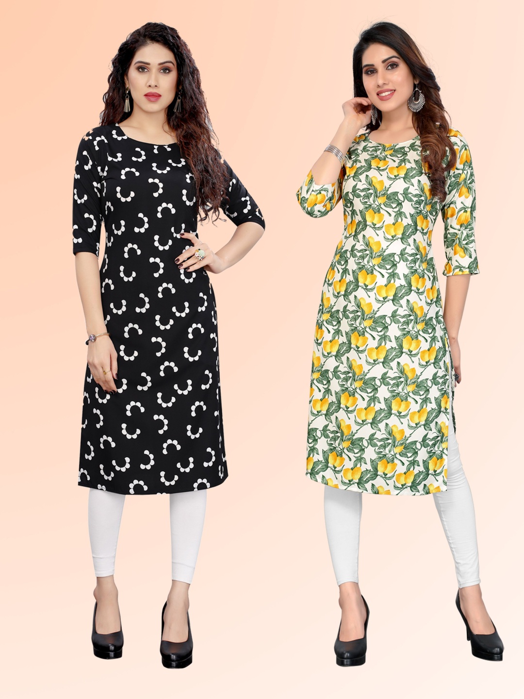 

KETAKI FASHION Selection Of 2 Floral Printed Round Neck Kurtas, Black