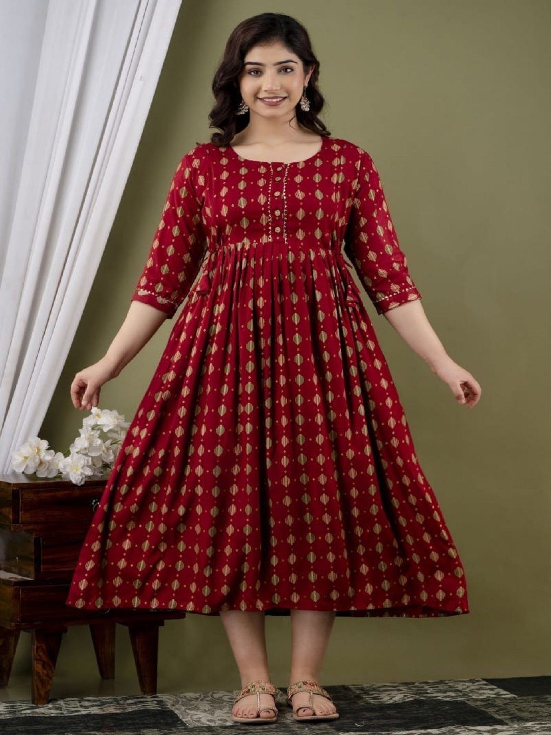 

Nevisha Style Geometric Printed Round Neck Maternity Cotton A-Line Ethnic Dress, Red