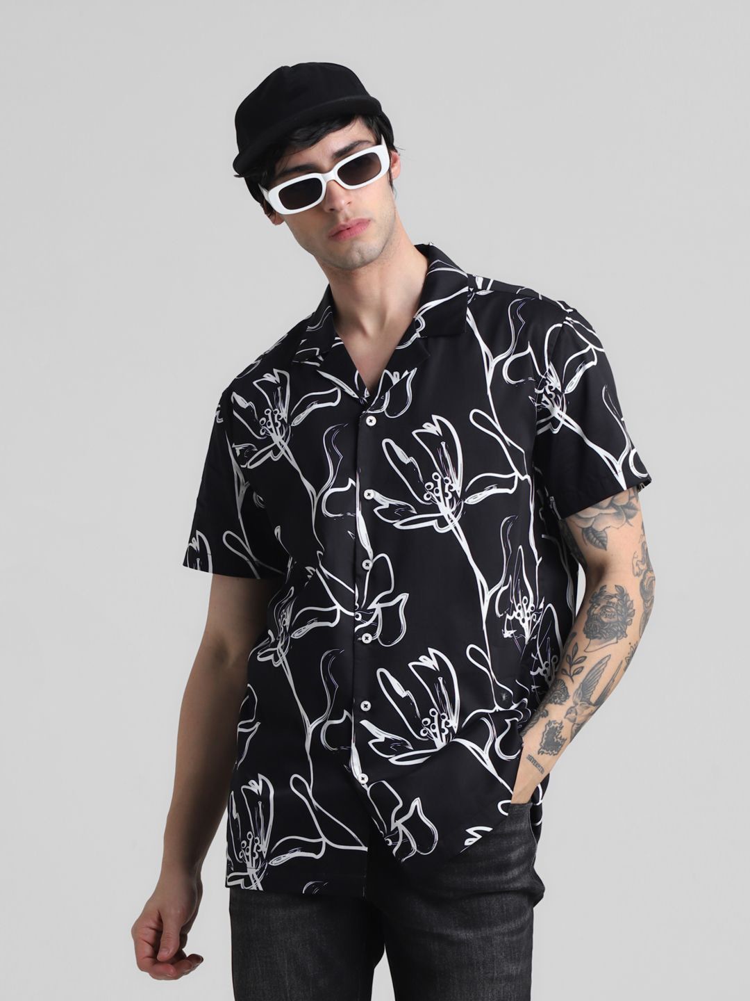 

Jack & Jones Men Cuban Collar Floral Printed Cotton Casual Shirt, Black