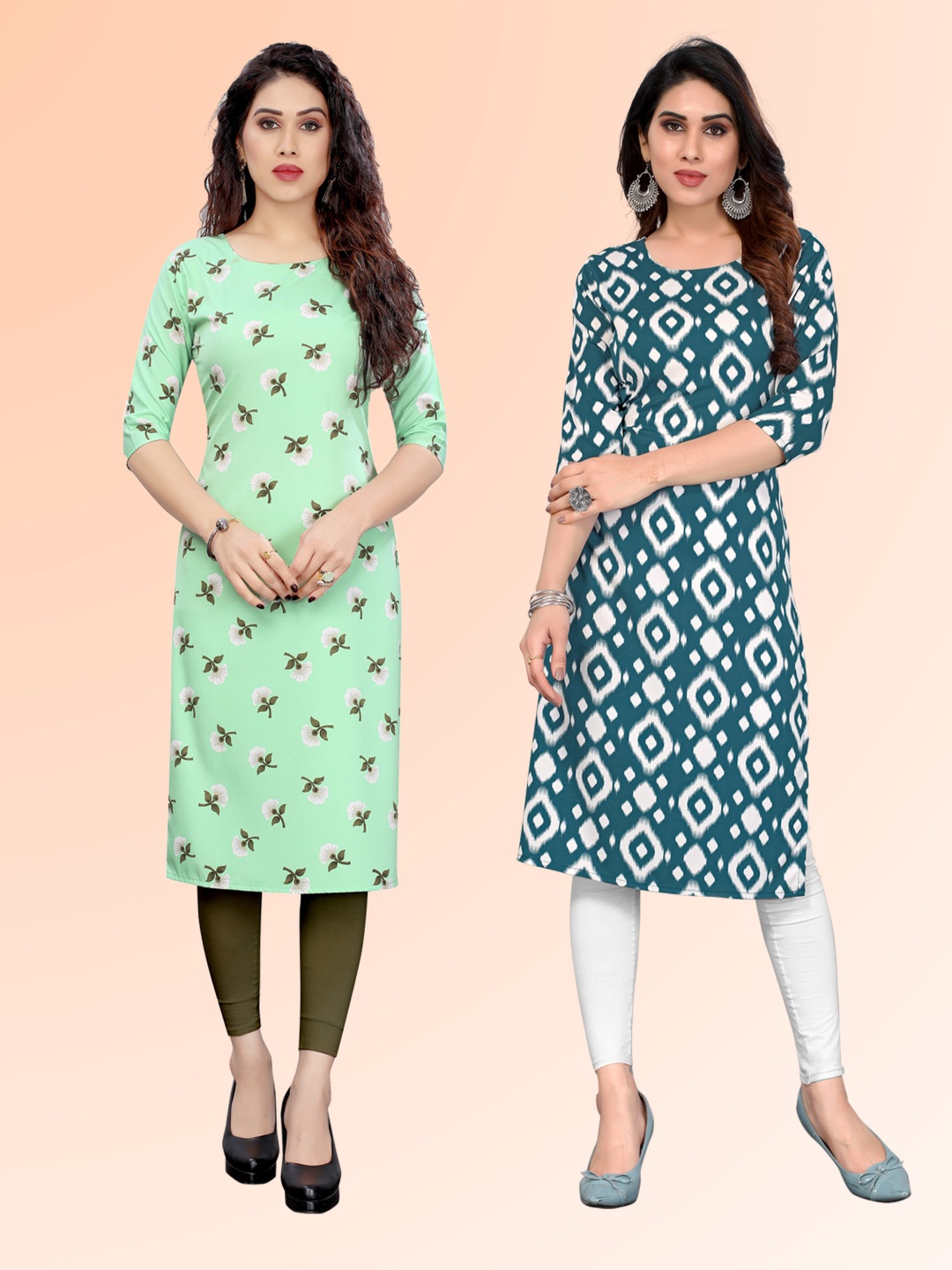 

KETAKI FASHION Selection Of 2 Floral Printed Round Neck Straight Kurtas, Green