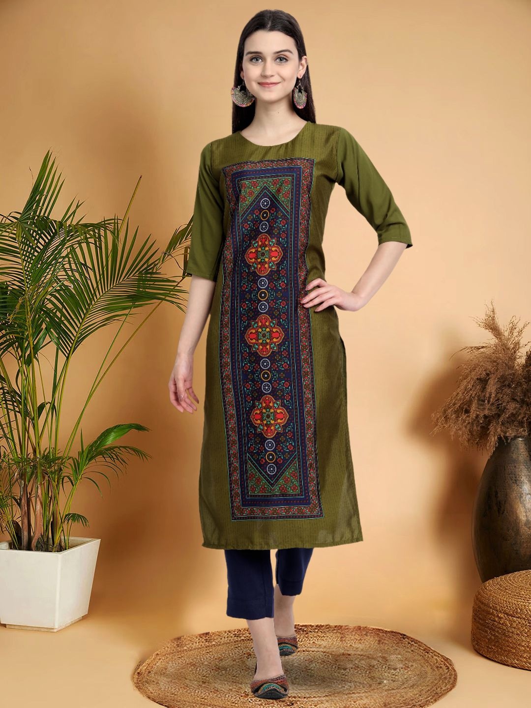 

7Threads Selection Of 6 Ethnic Motifs Printed Round Neck Straight Kurta, Olive