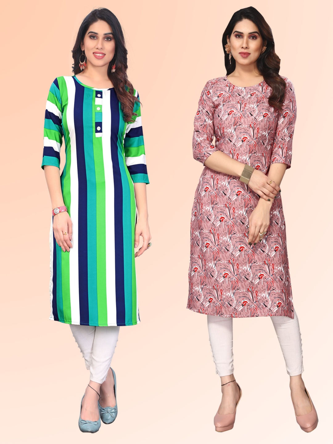 

KETAKI FASHION Selection Of 2 Striped Printed Round Neck Straight Kurtas, Green