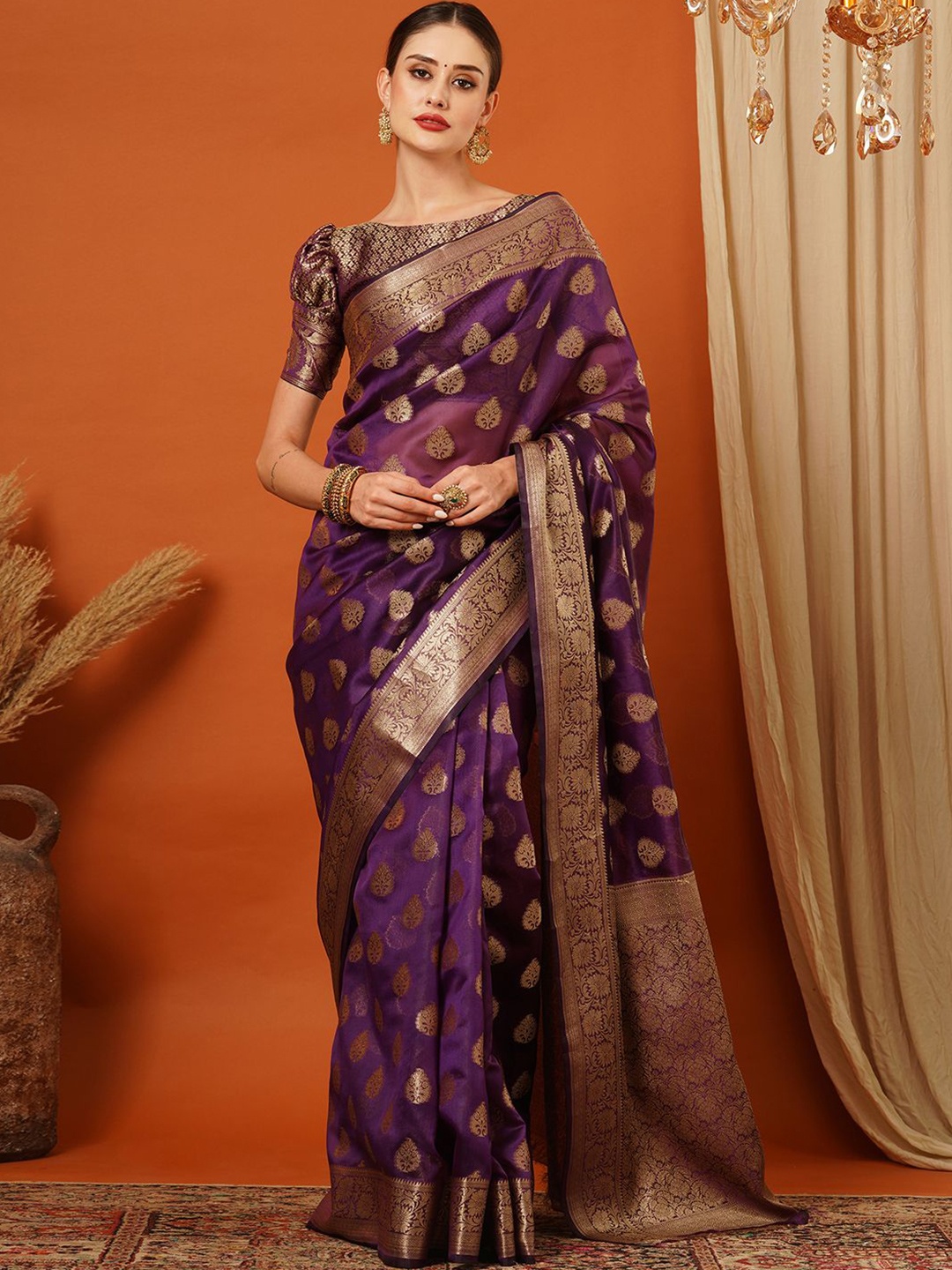 

yourwish Ethnic Motifs Woven Design Zari Organza Banarasi Saree, Purple