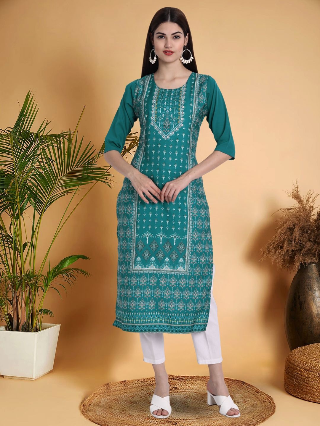 

7Threads Selection Of 3 Ethnic Motifs Printed Round Neck Straight Kurtas, Sea green