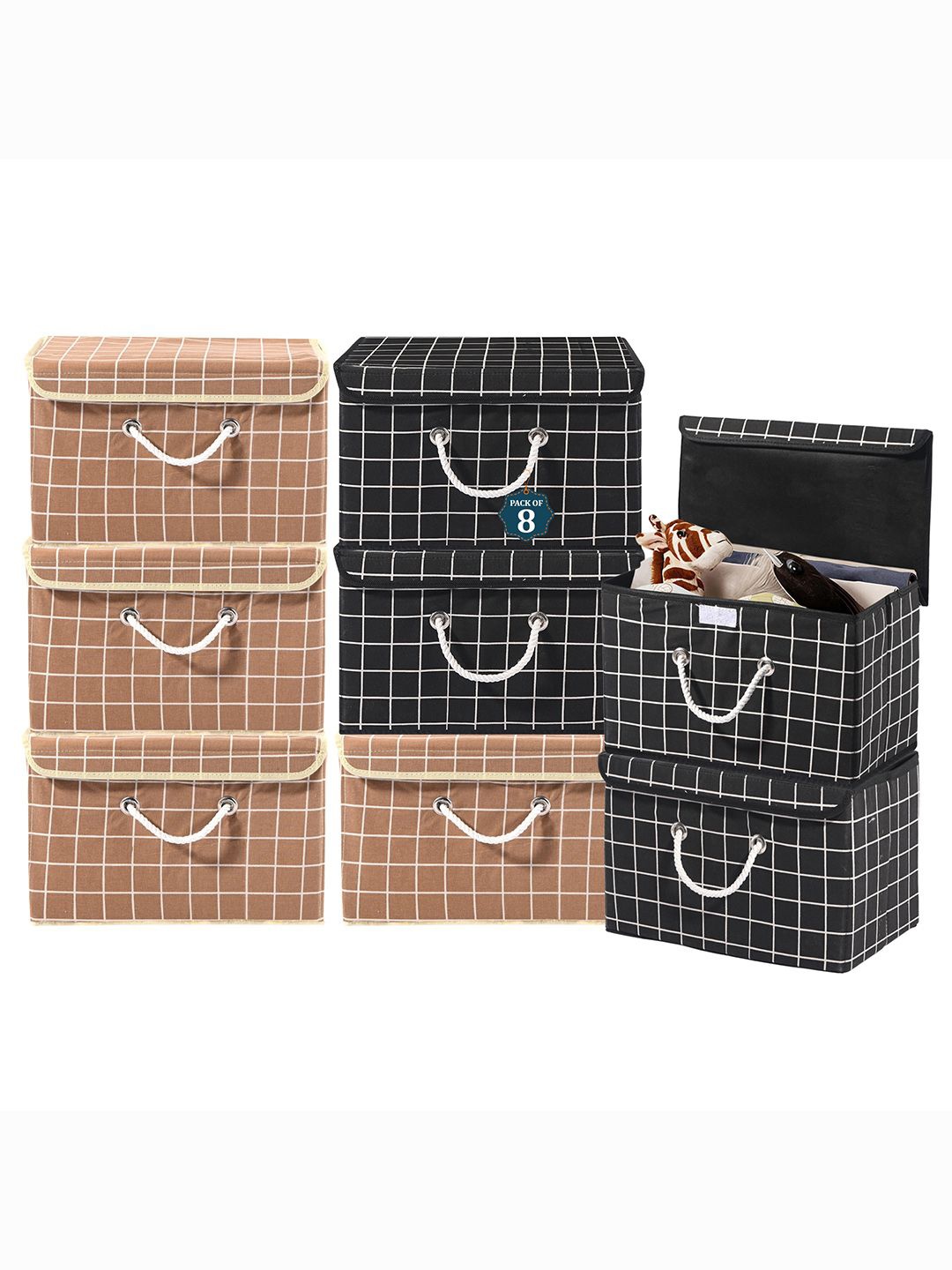 

Kuber Industries Brown 8 Pieces Reusable Drawer Organiser Printed Storage Basket