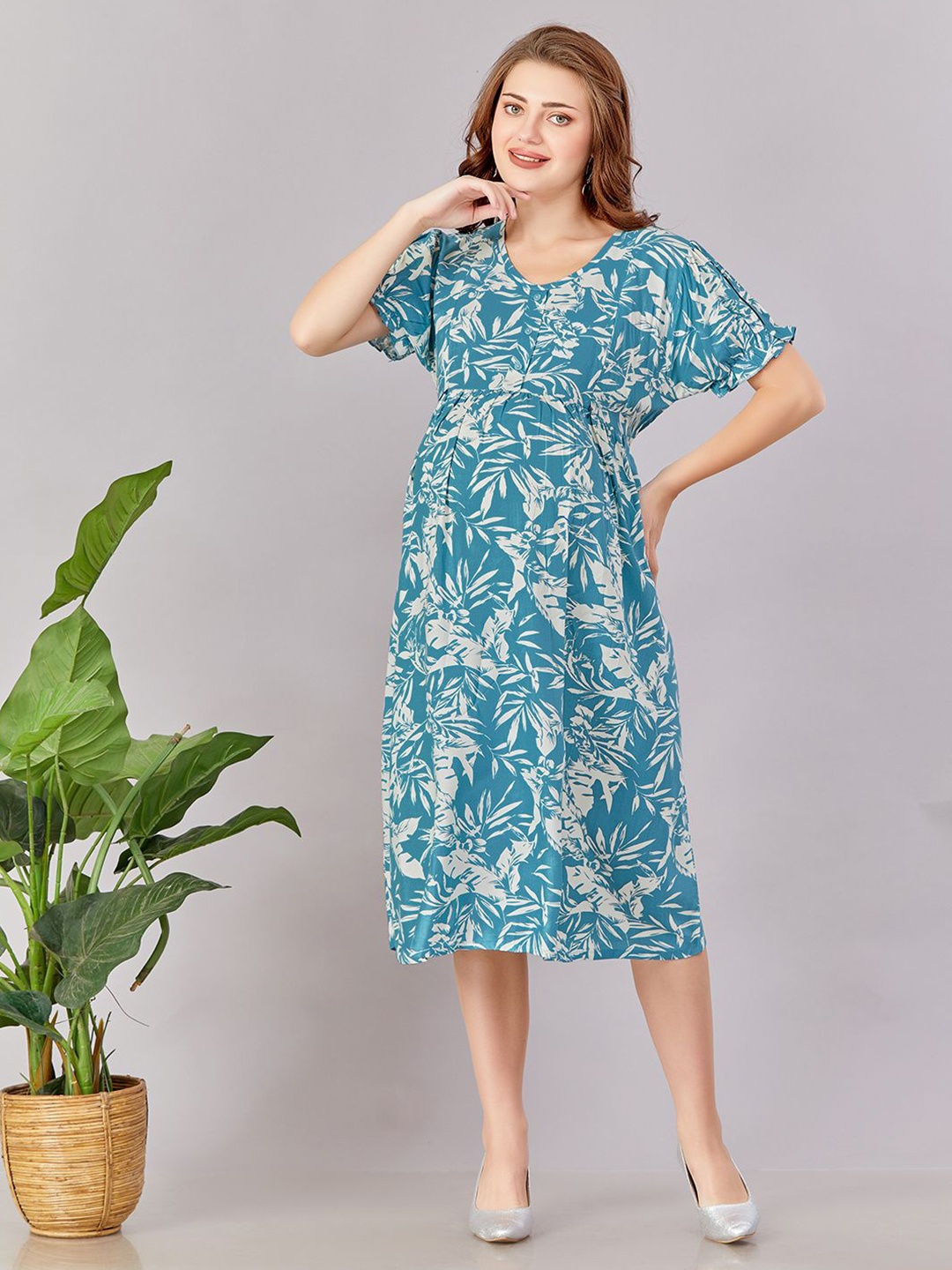 

LOVELY MOM'S Women Tropical Printed Fit - Flare Dress, Blue