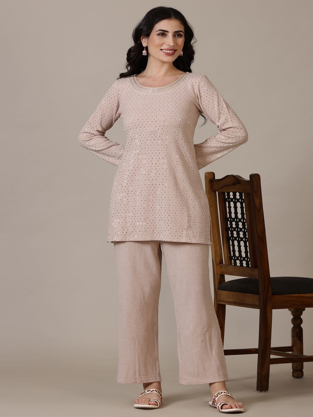 

AURELIA Embroidered Sequinned Round Neck A-Line Kurti, Beige