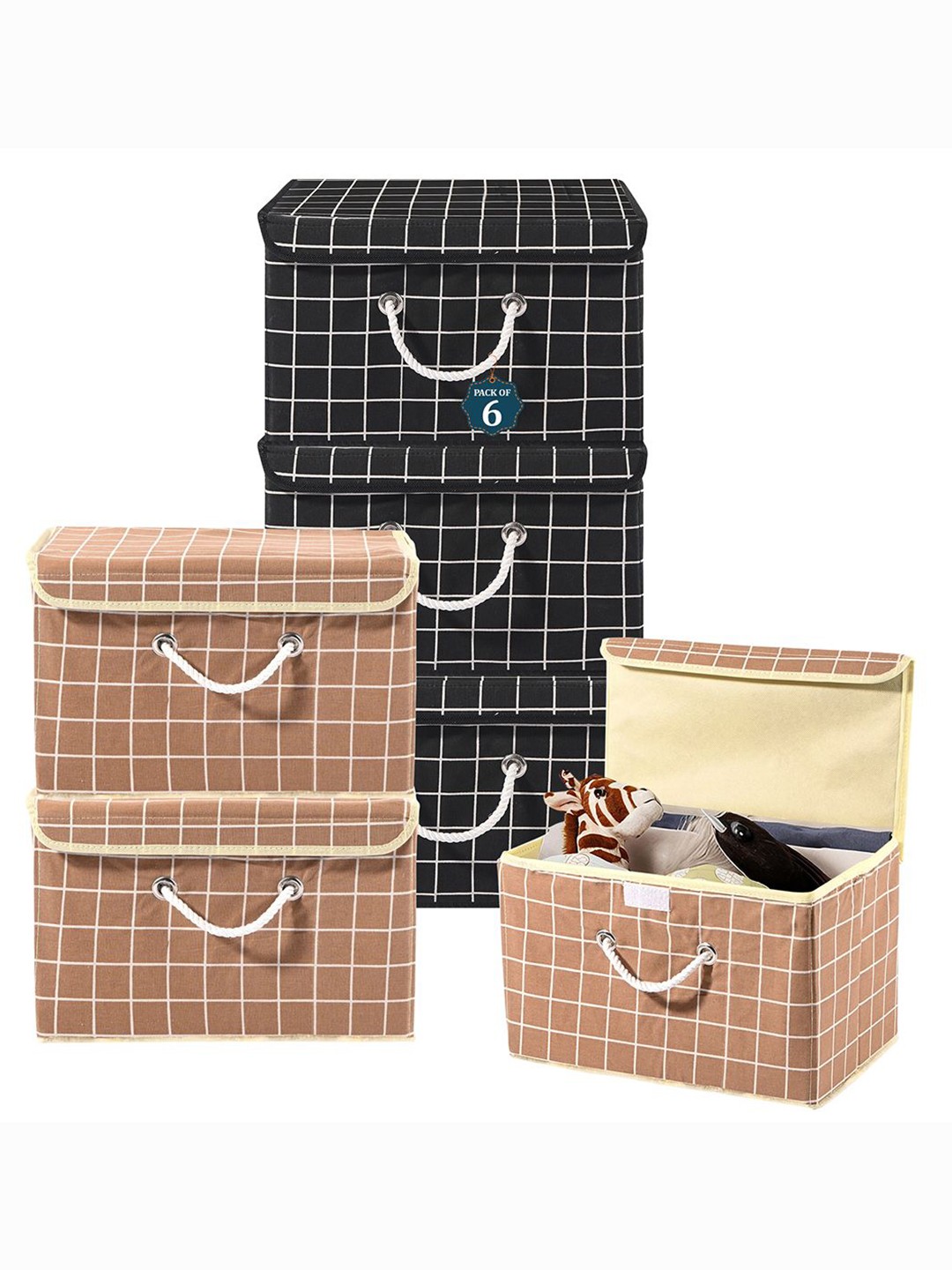 

Kuber Industries Brown & Black 6 Pieces Printed Cotton Foldable Drawer Organisers