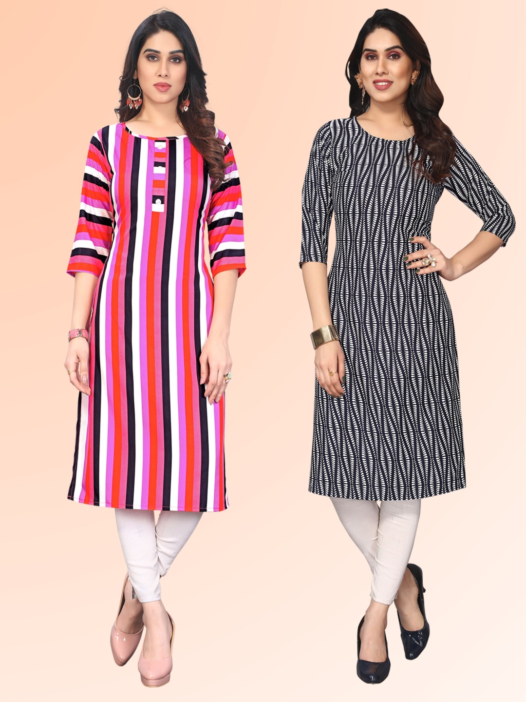 

KETAKI FASHION Selection Of 2 Striped Printed Round Neck Kurtas, Pink