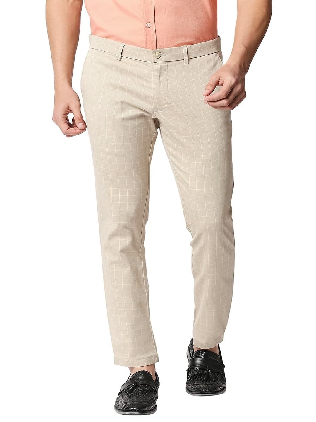 

Basics Men Checked Tapered Fit Mid-Rise Cotton Trousers, Beige