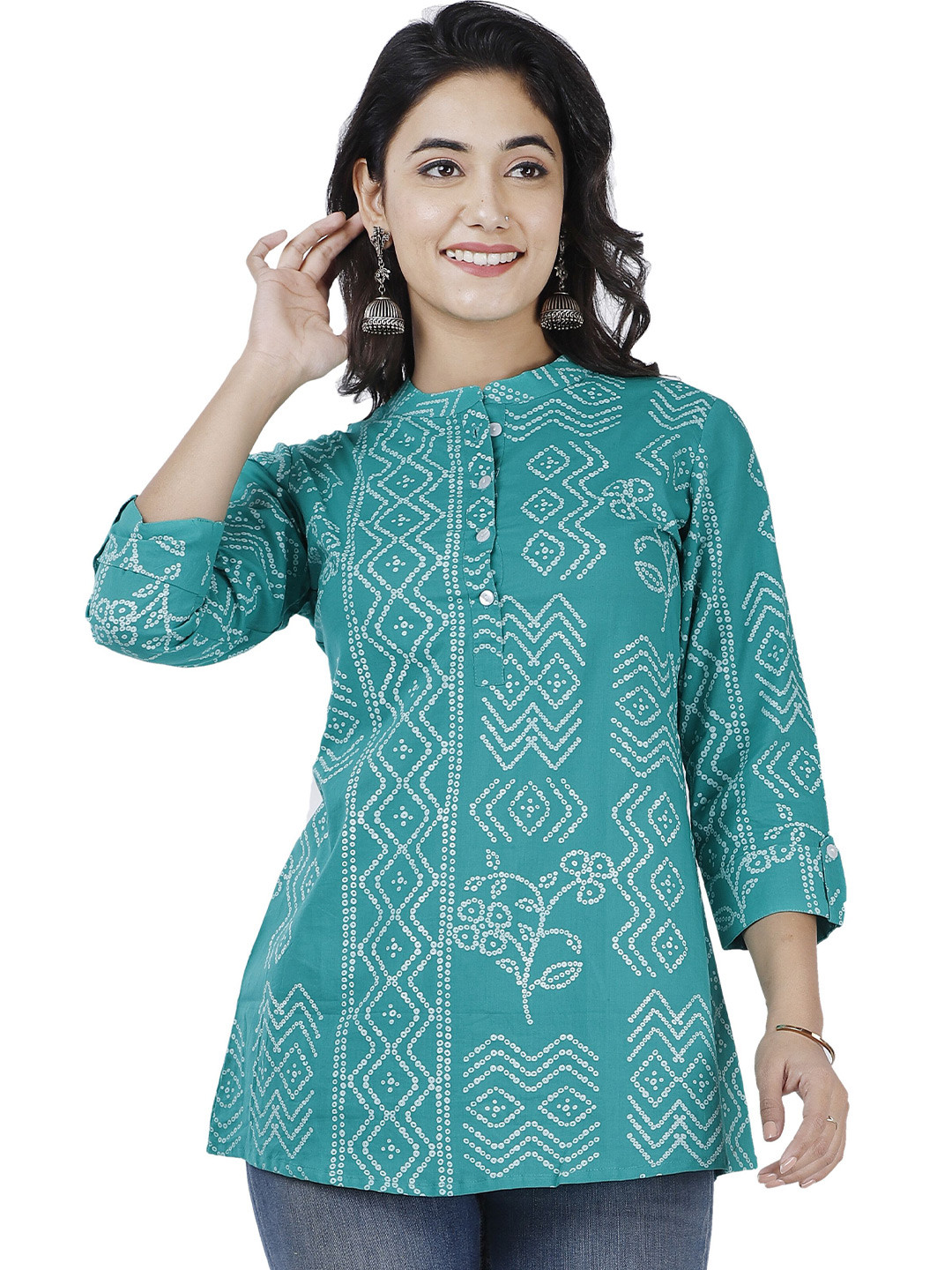 

NNAVDHA Women Ethnic Motifs Printed Mandarin Collar Cotton Top, Turquoise blue