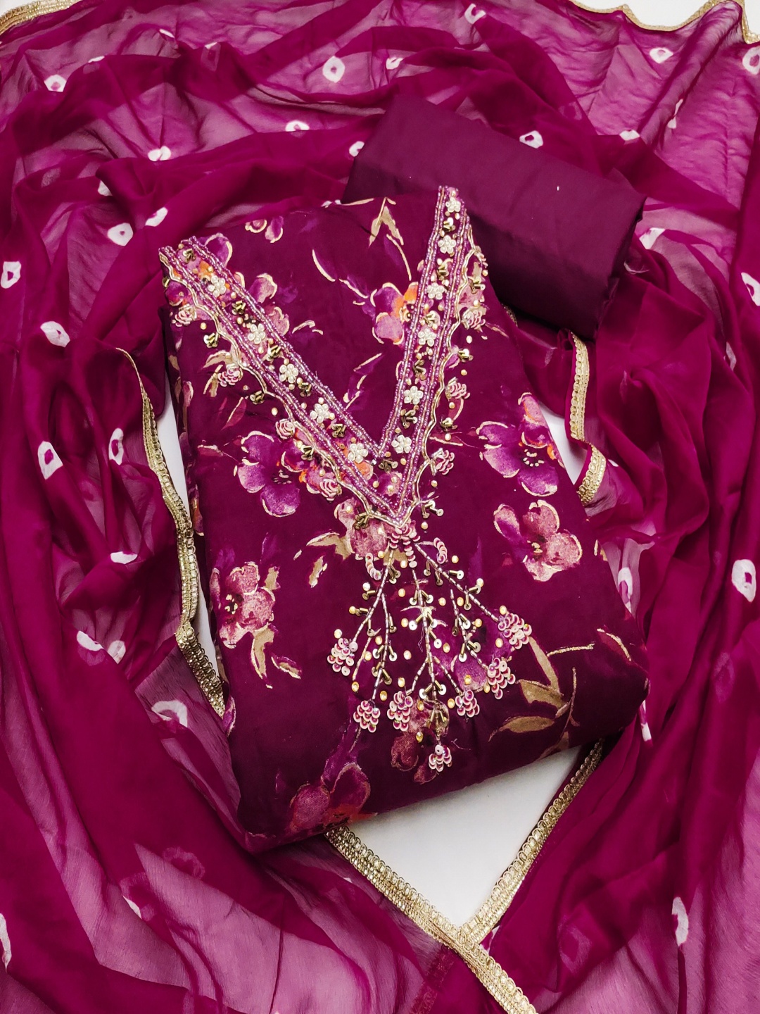 

MANVAA Floral Printed Sequinned Unstitched Dress Material, Violet