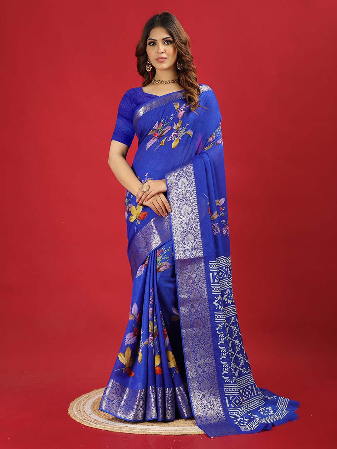 

NIRMAL CREATION Floral Zari Poly Chiffon Saree, Blue