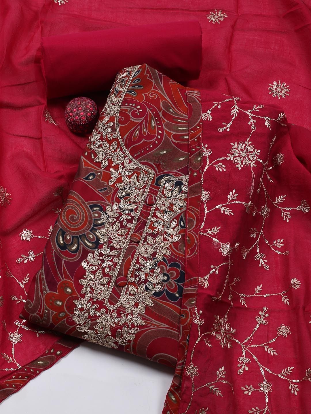 

Meena Bazaar Ethnic Motifs Printed Sequinned Unstitched Dress Material, Magenta