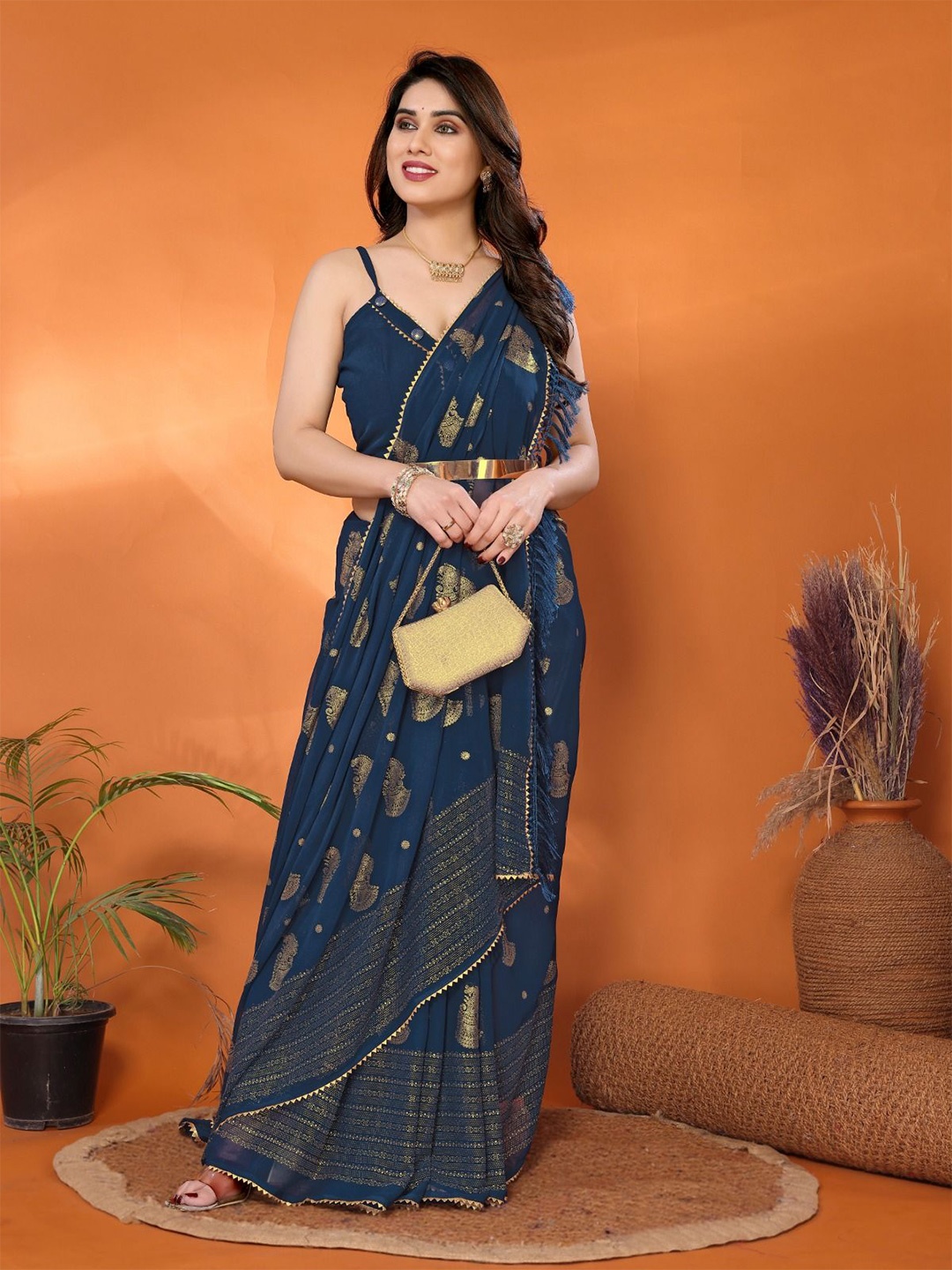 

PHORIA STYLE Woven Design Zari Pure Georgette Saree, Navy blue