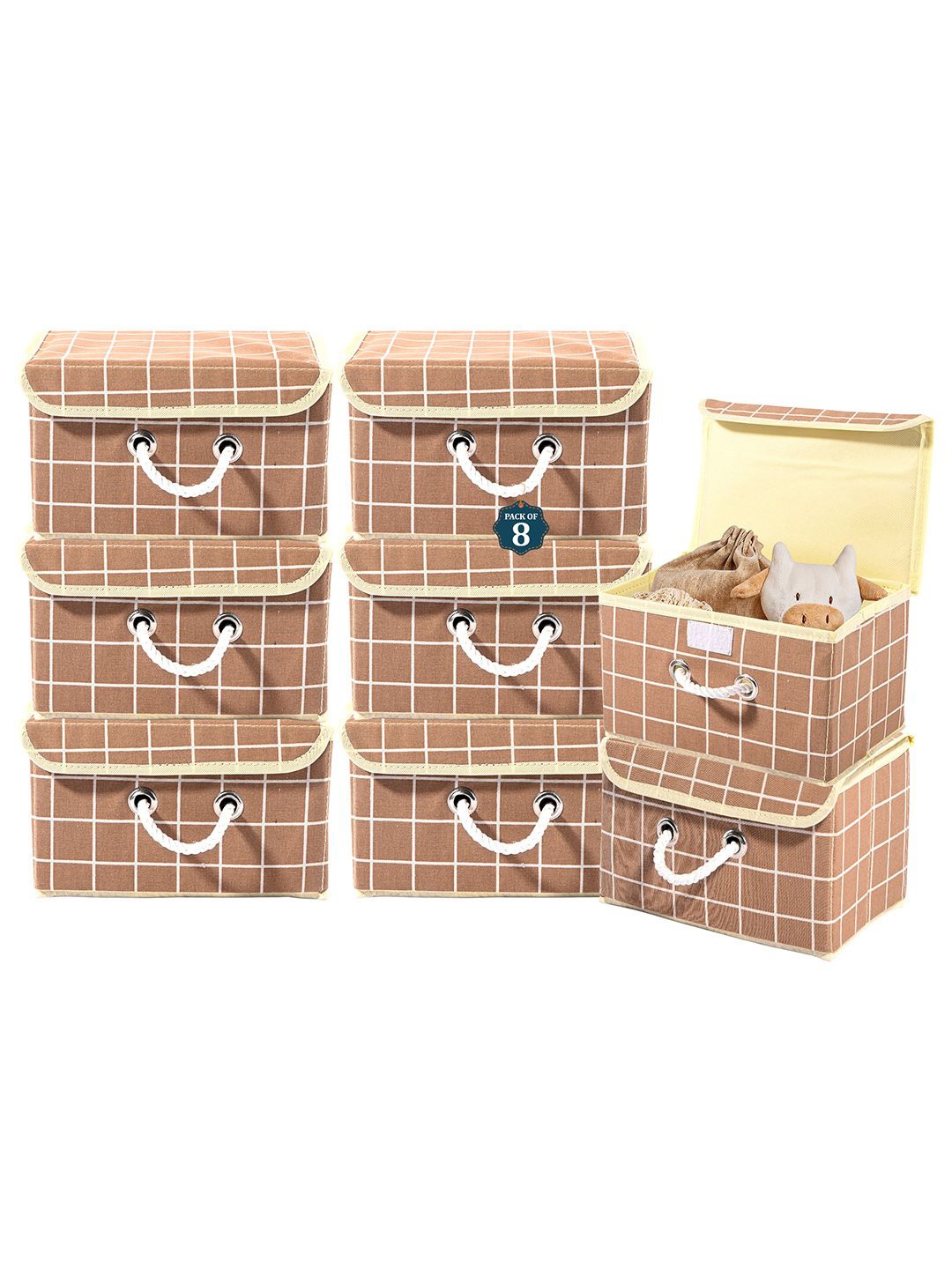 

Kuber Industries Brown Set of 8 Reusable Drawer Organiser Check Print Storage Basket