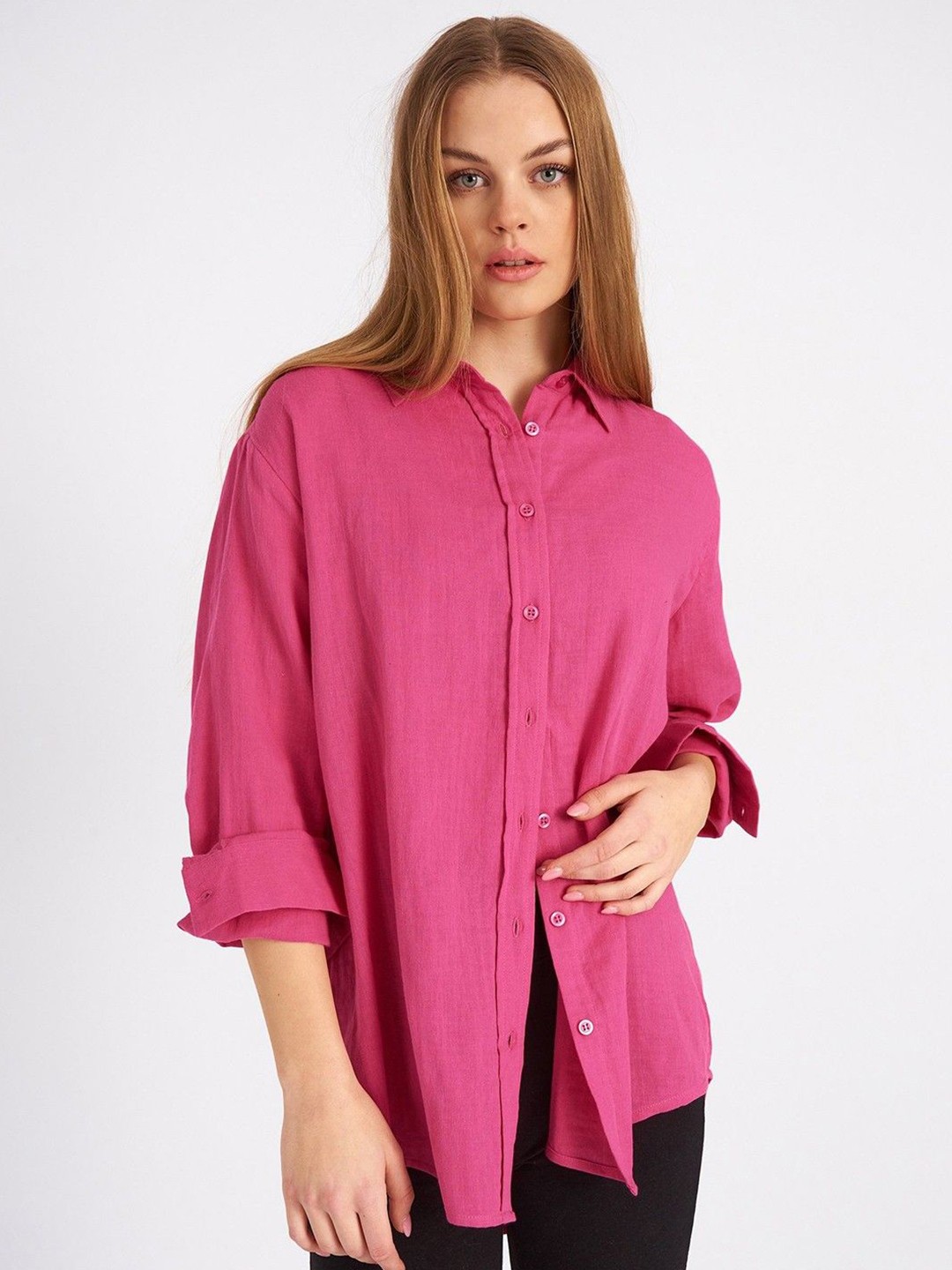 

NANCHI Women Comfort Oversized Fit Spread Collar Solid Cotton Casual Shirt, Pink
