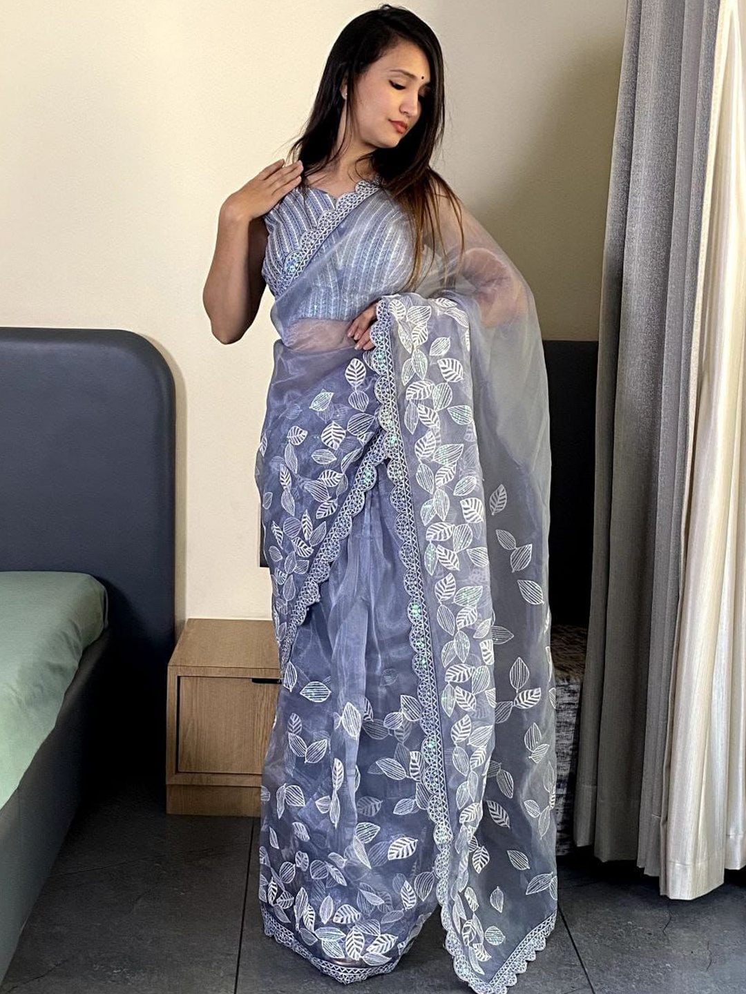 

LeeliPeeri Designer Ethnic Motifs Embroidered Organza Saree, Blue