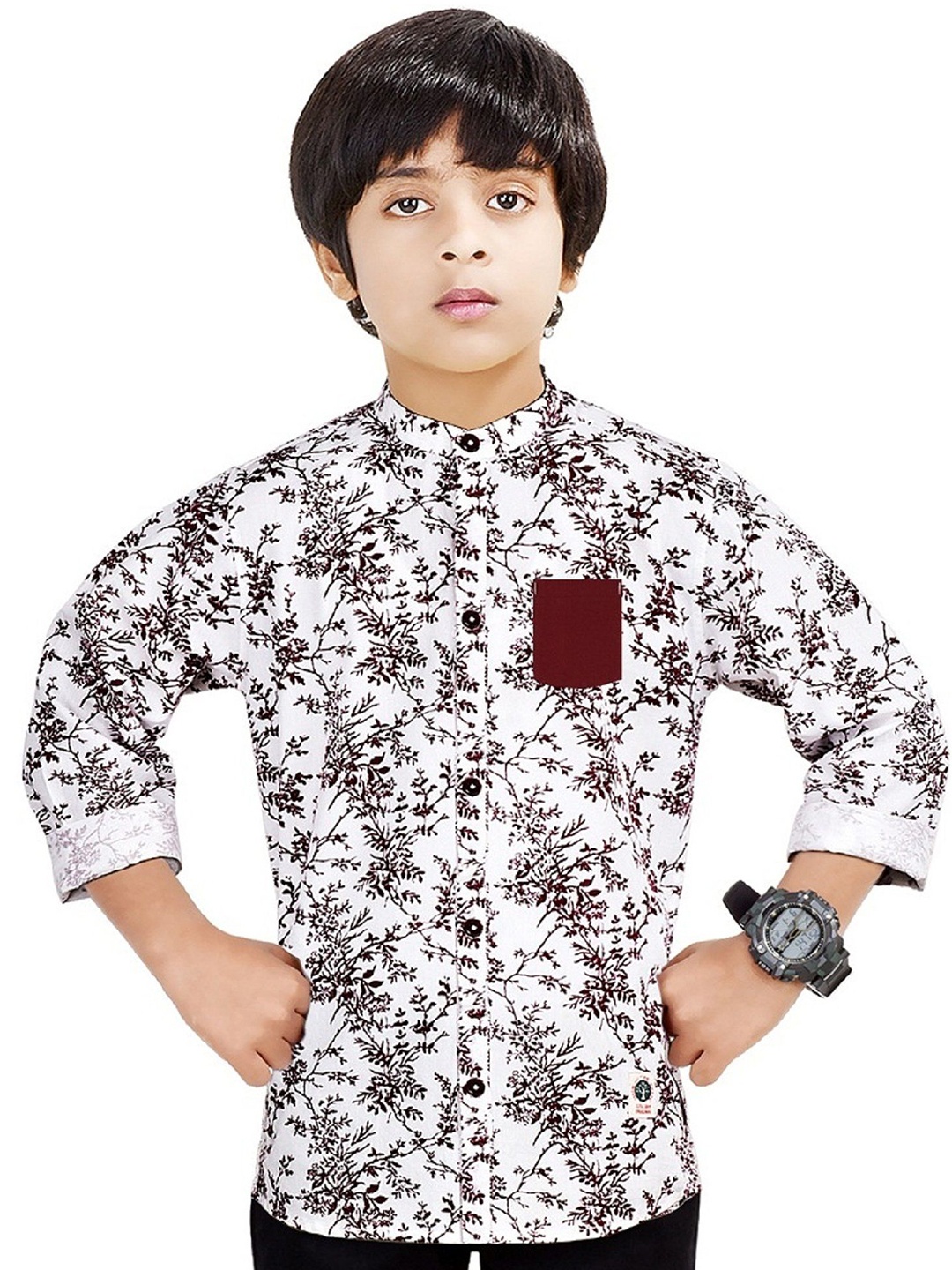 

MADE IN THE SHADE Boys Band Collar Floral Printed Cotton Casual Shirt, White