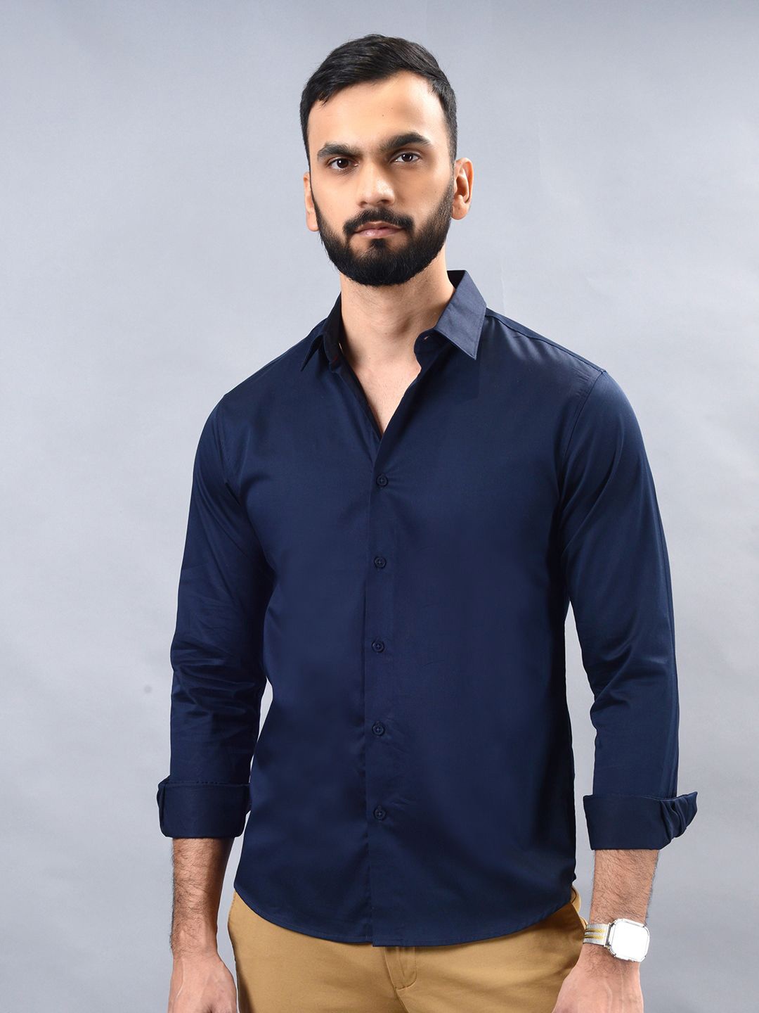

Greenfibre Men Spread Collar Solid Cotton Casual Shirt, Navy blue