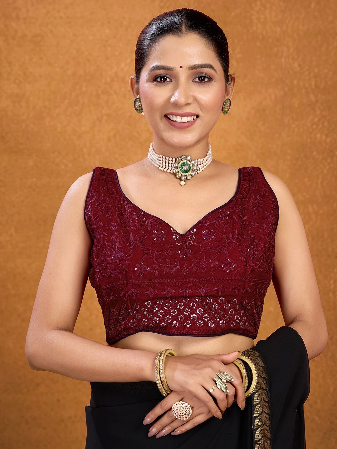 

KALINI Embroidered V-Neck Sweetheart Neck Saree Blouse, Maroon