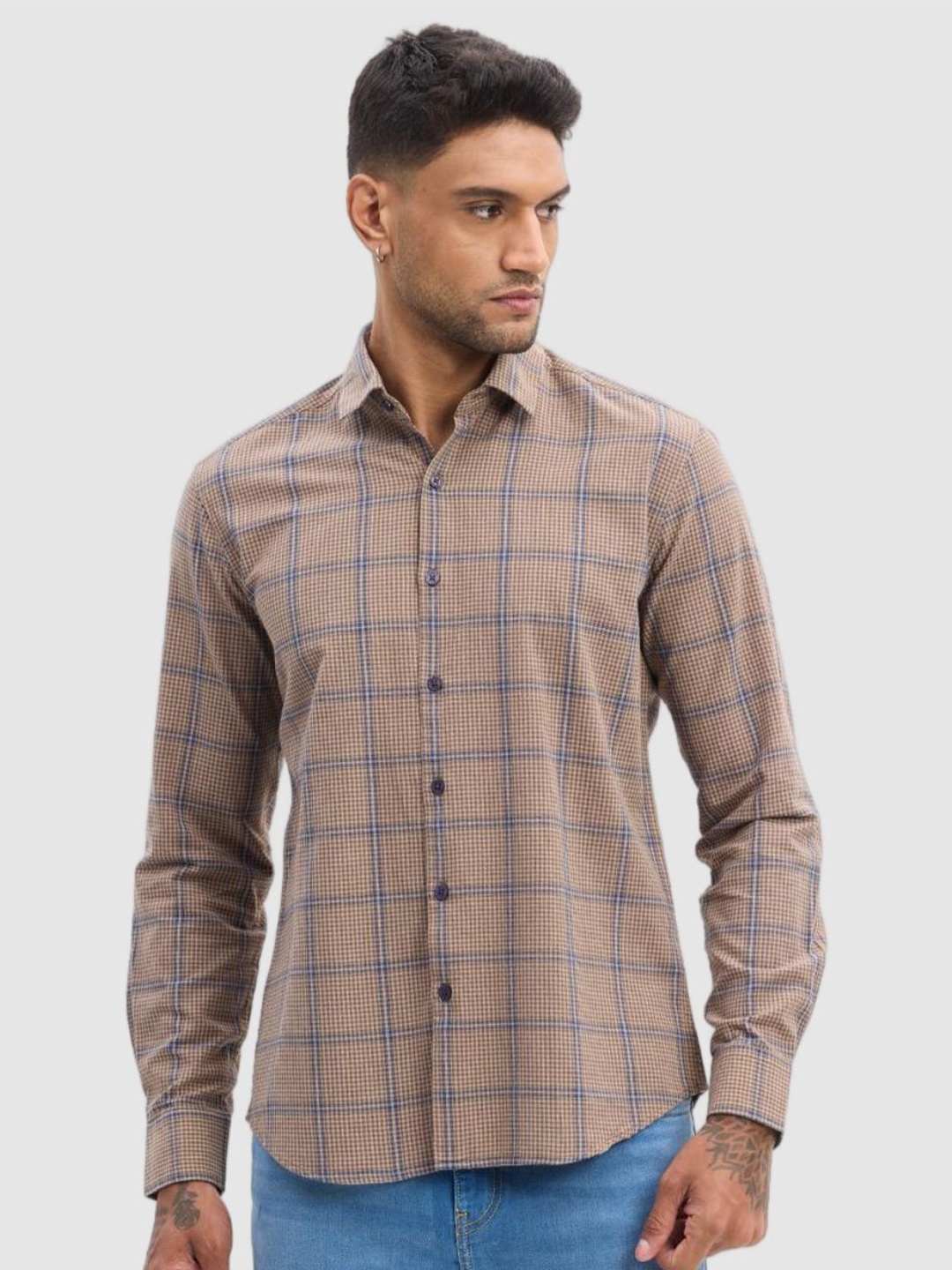 

Snitch Men Smart Fit Spread Collar Micro Checked Cotton Casual Shirt, Brown