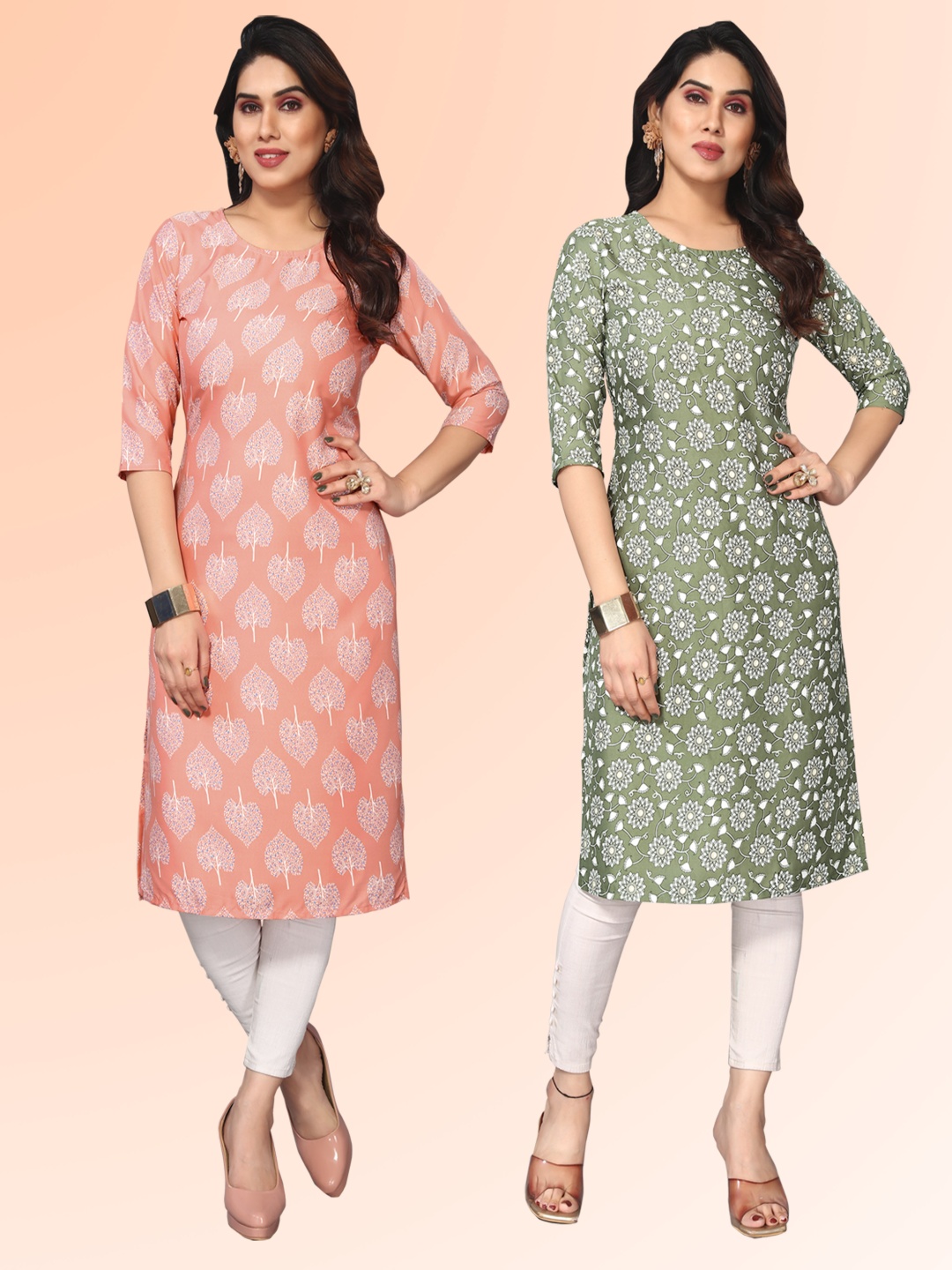 

KETAKI FASHION Selection of 2 Floral Printed Round Neck Straight Kurtas, Peach