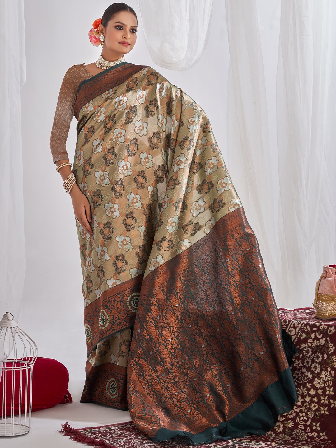 

Taslar Woven Design Zari Pure Silk Banarasi Saree, Sea green
