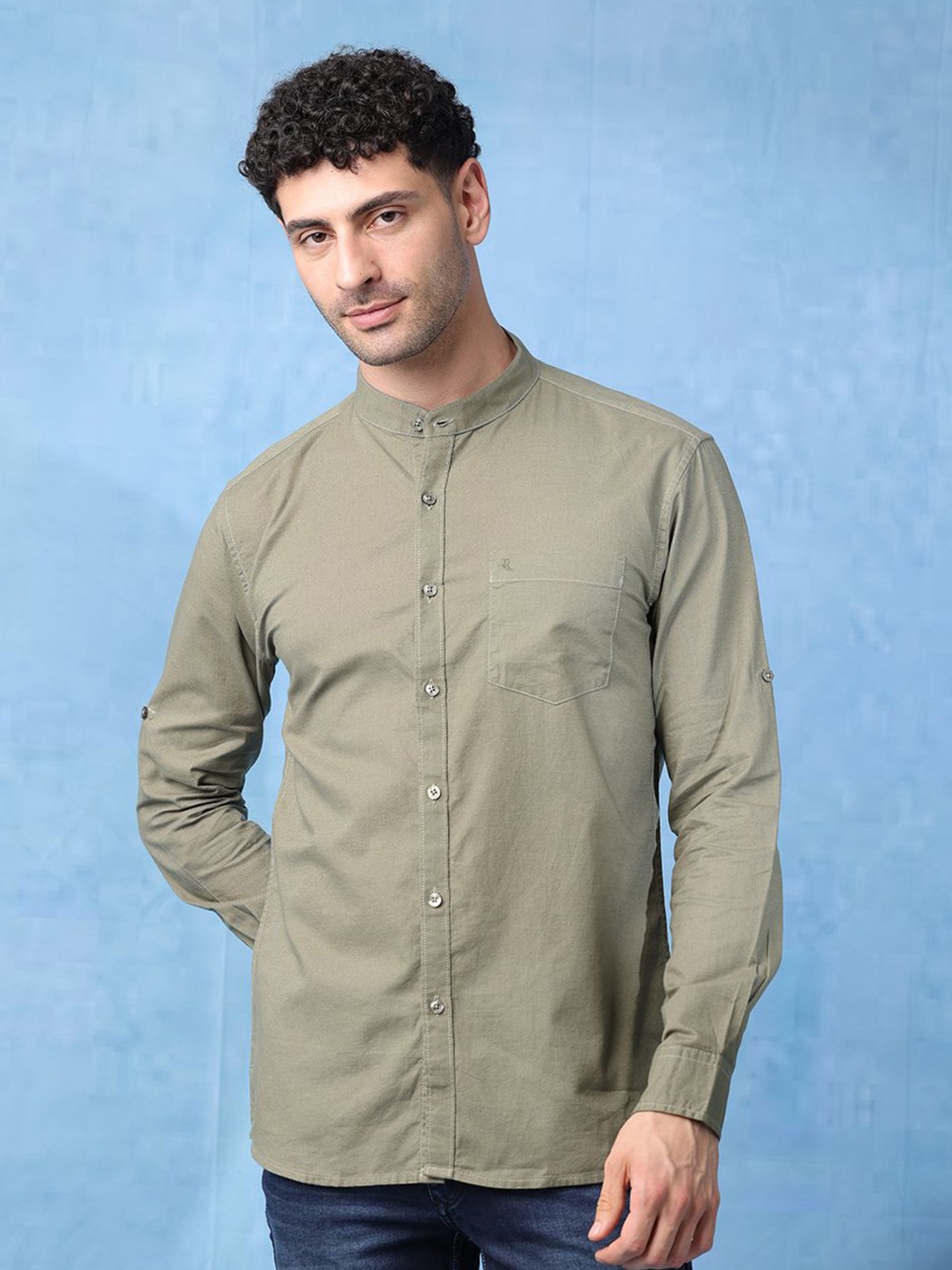 

RIGS AND RAGS Men Classic Fit Band Collar Solid Cotton Casual Shirt, Sea green