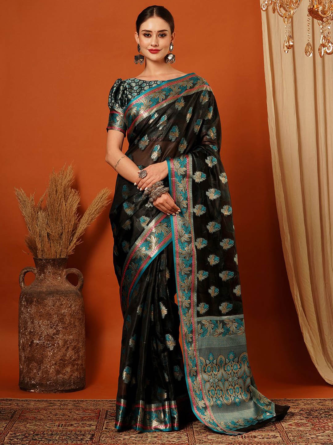 

yourwish Woven Design Zari Organza Banarasi Saree, Black