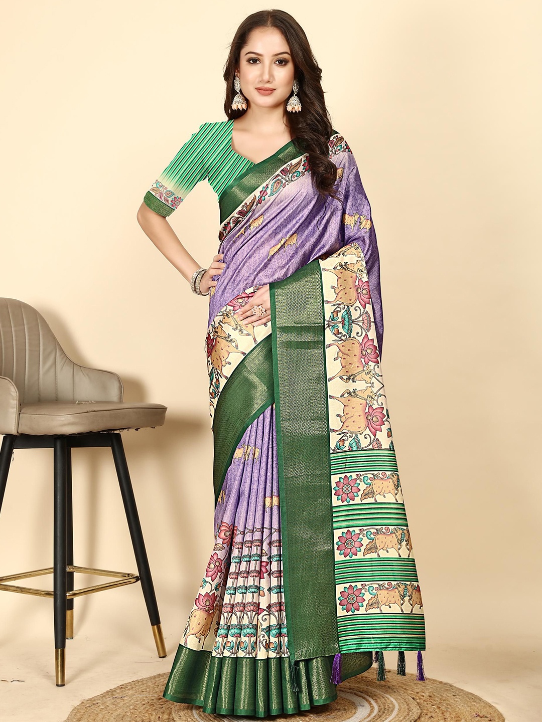 

J 6 DESIGNER Floral Printed Zari Art Silk Saree, Purple