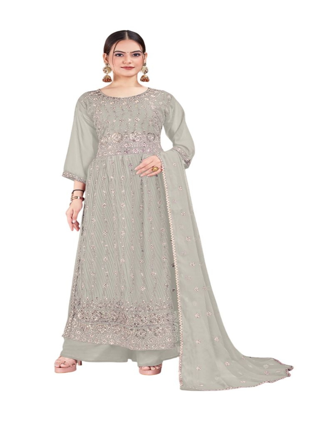 

RUDRAA FAB Ethnic Motifs Embroidered Georgette Pakistani Style Kurta & Palazzos & Dupatta, Grey