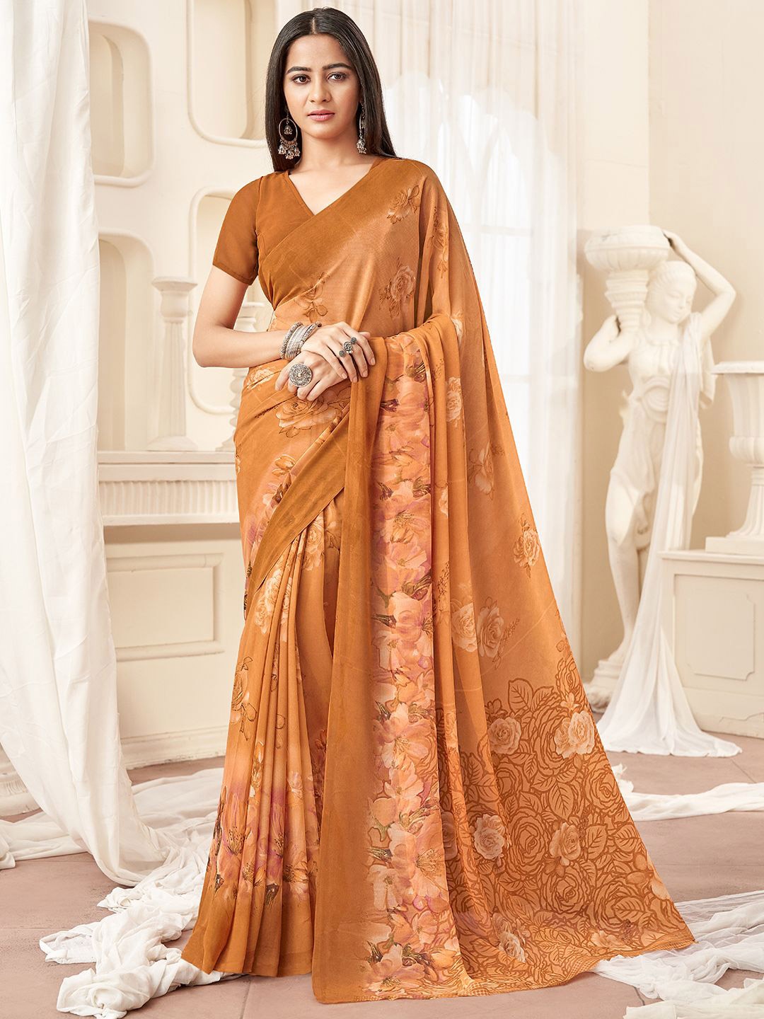 

Mitera Floral Poly Georgette Saree, Orange