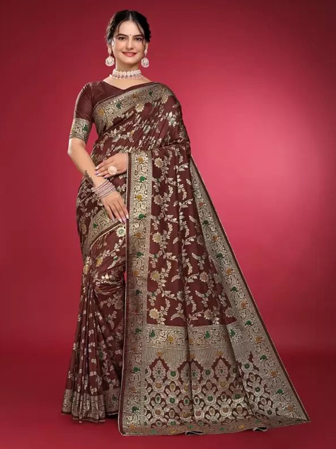 

SAADHVI Woven Design Zari Pure Silk Saree, Brown