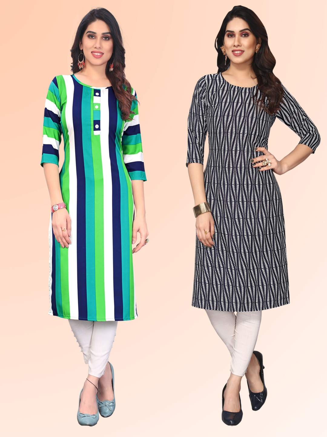 

KETAKI FASHION Selection of 2 Striped Round Neck Straight Kurtas, Green