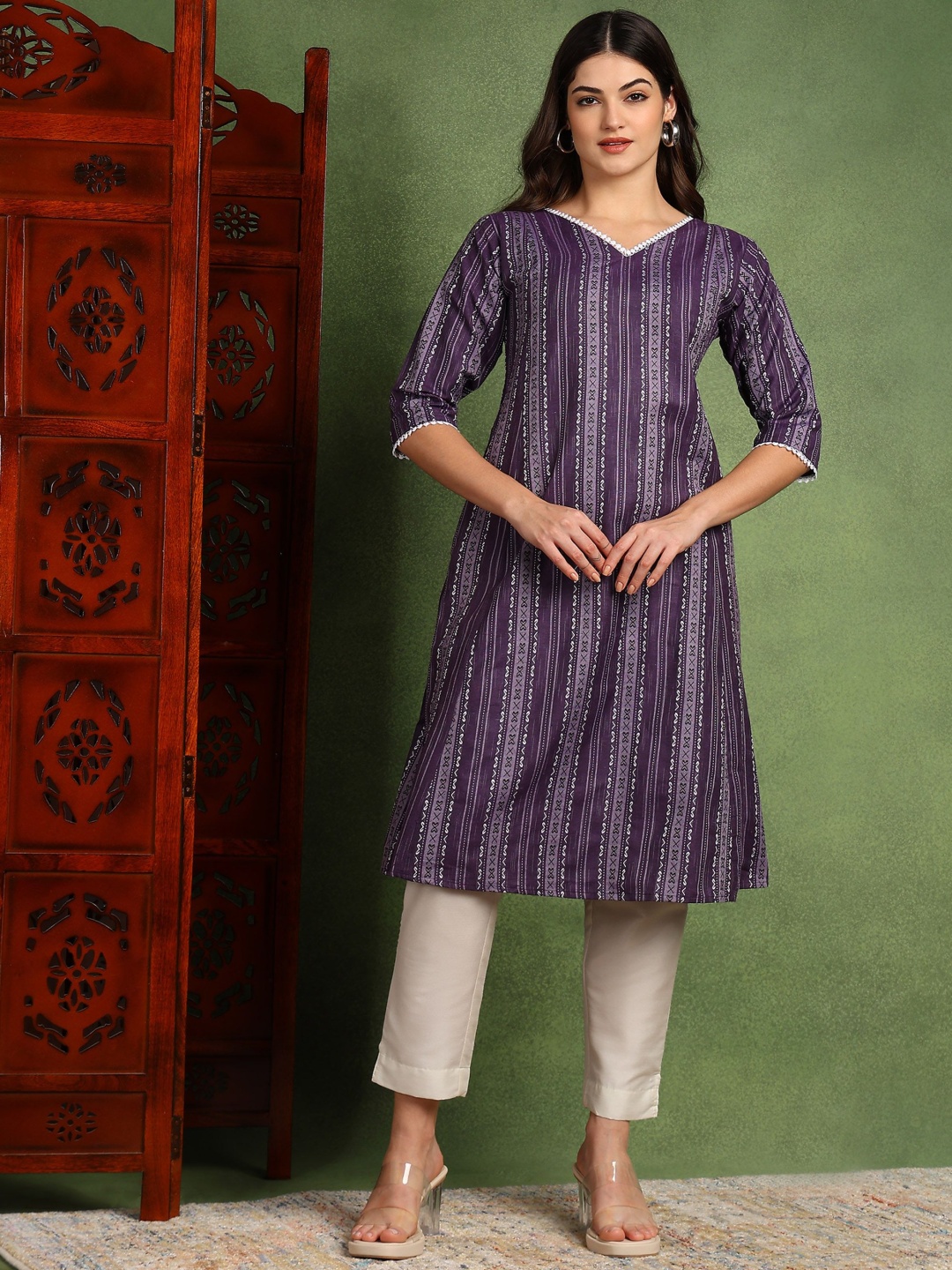 

VINH FASHION Striped Woven Design V-Neck Cotton A-Line Kurta, Purple