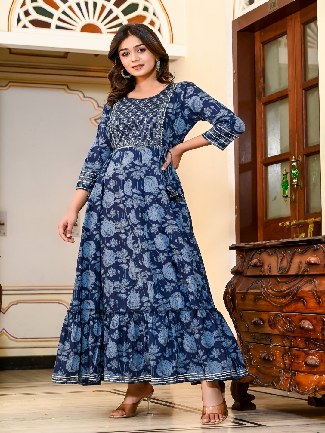

NYPA Floral Printed Embellished Panelled Pure Cotton Anarkali Kurta, Blue