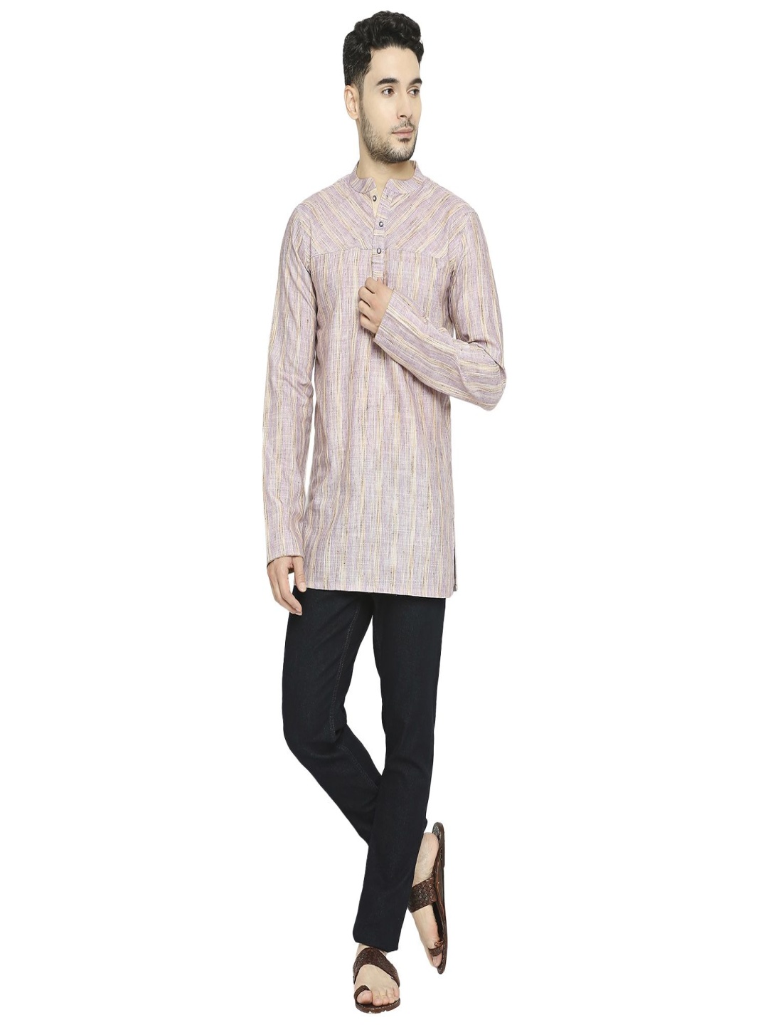 

ARCHATTIRE Striped Woven Design Mandarin Collar Cotton Straight Short Kurta, Cream