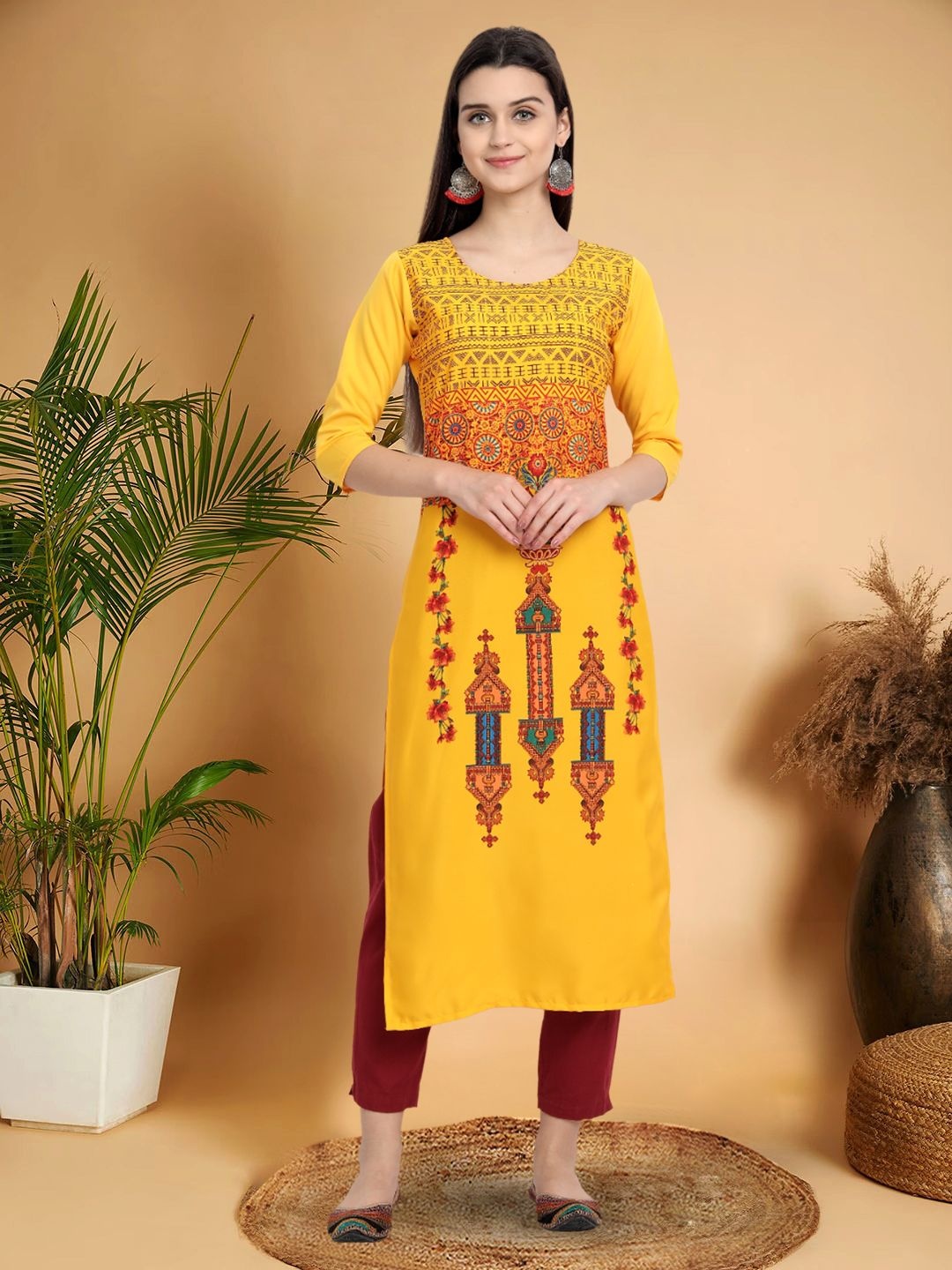 

7Threads Selection of 6 Ethnic Motifs Printed Round Neck Straight Kurtas, Yellow