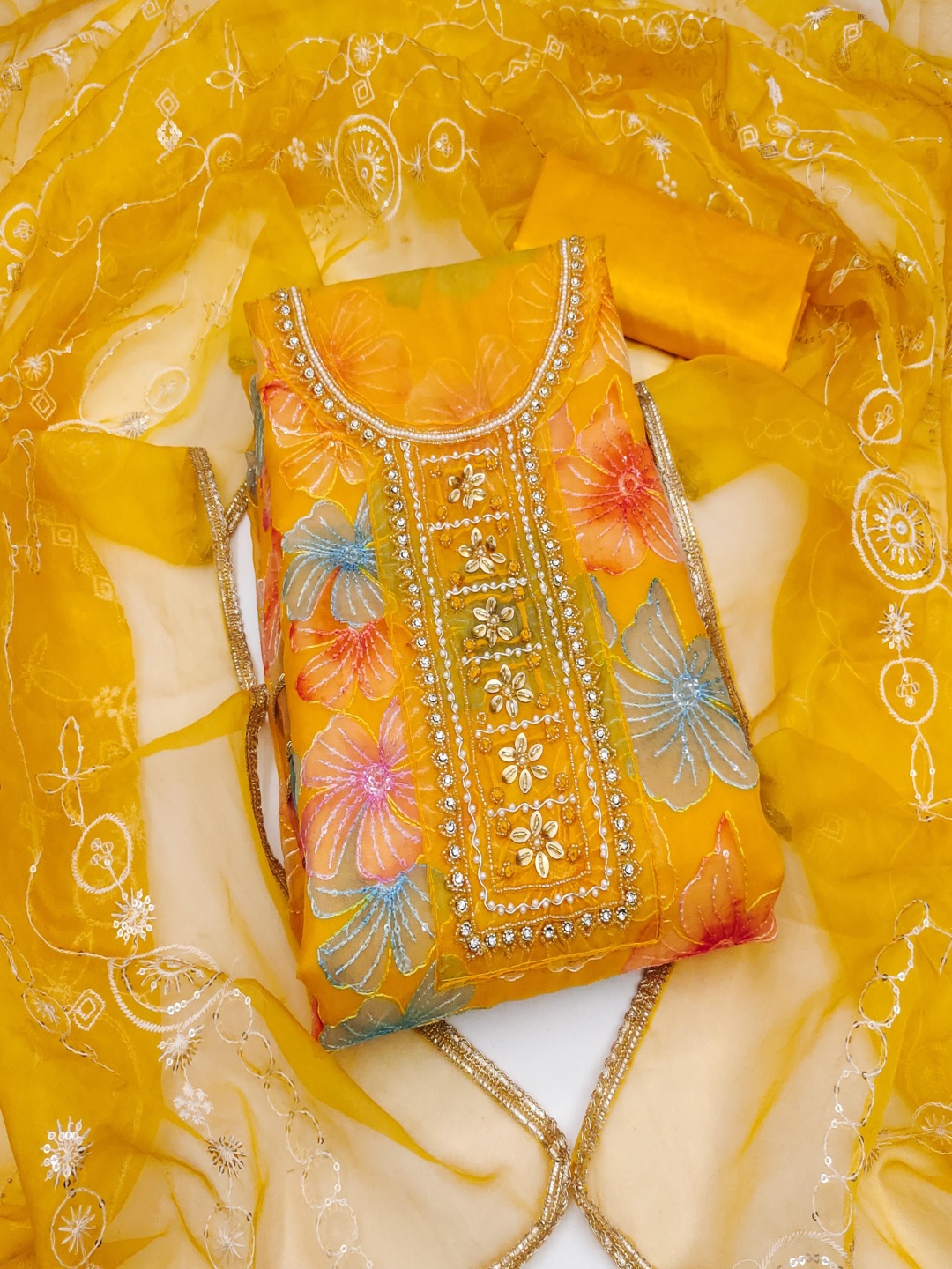 

MANVAA Floral Embroidered Sequinned Organza Unstitched Dress Material, Mustard
