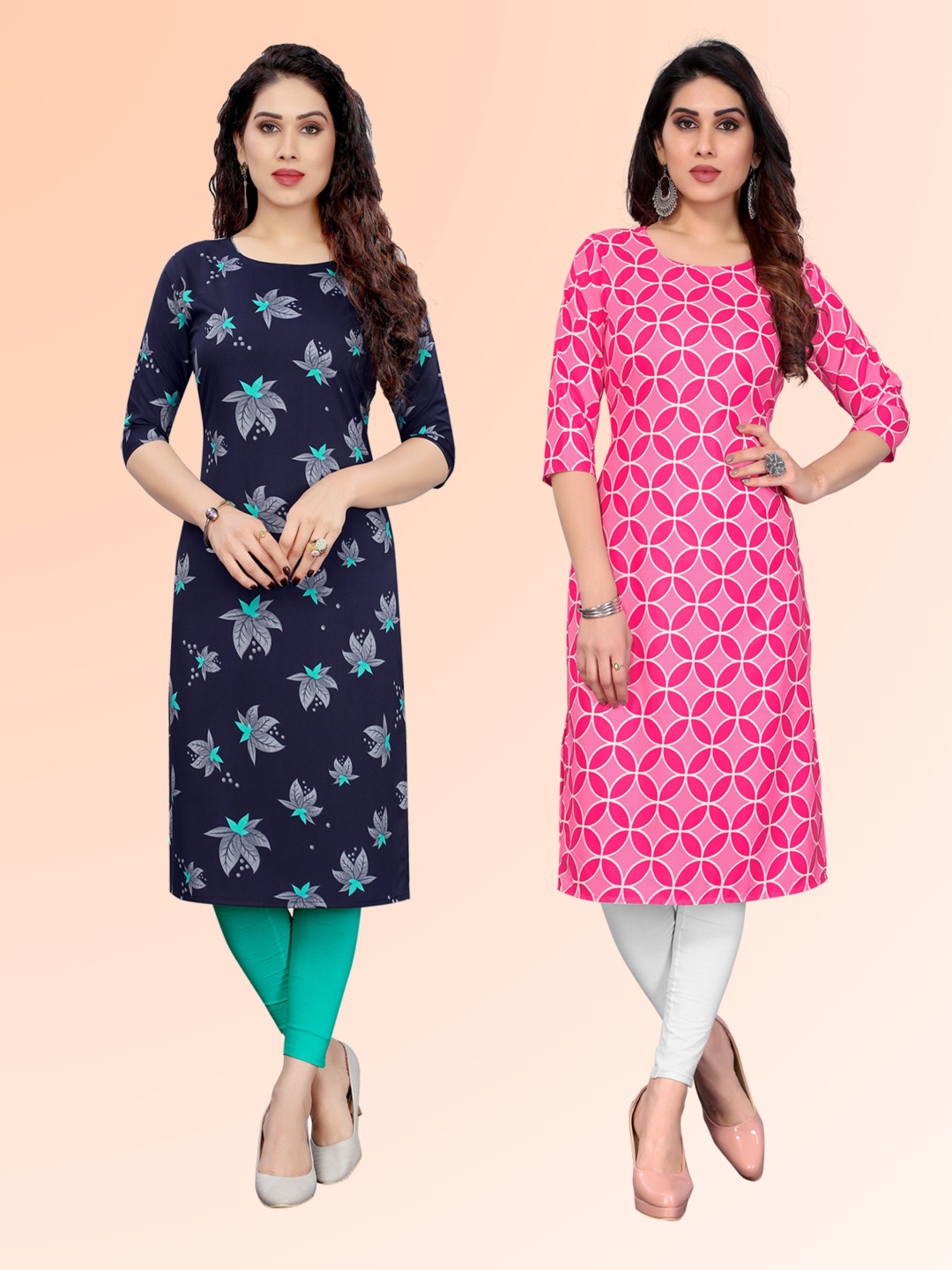 

KETAKI FASHION Selection Of 2 Floral Printed Round Neck Straight Kurtas, Navy blue