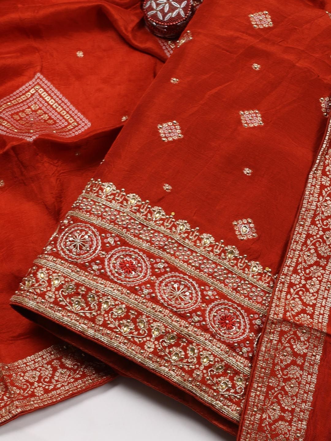 

Meena Bazaar Ethnic Motifs Embellished Beads and Stones Unstitched Dress Material, Rust