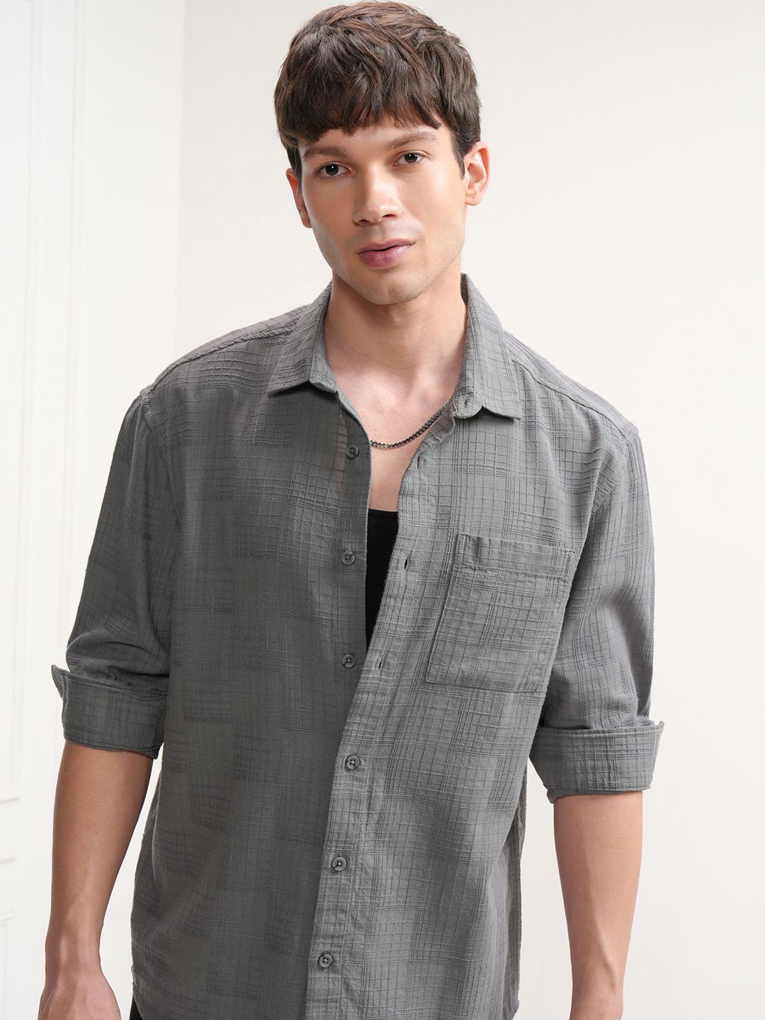 

HIGHLANDER Men Spread Collar Textured Cotton Casual Shirt, Grey