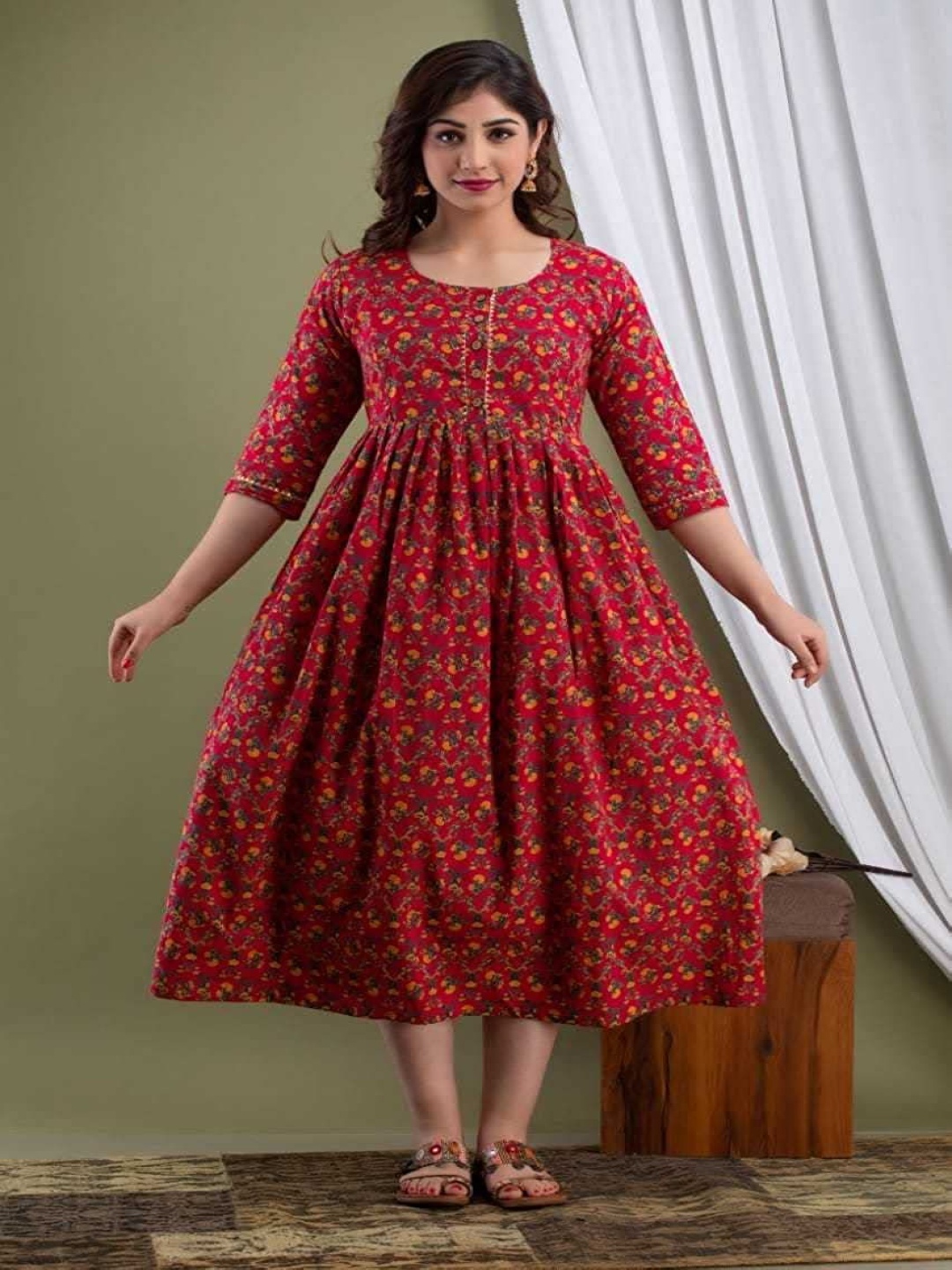 

Nevisha Style Floral Printed Round Neck Gotta Patti Maternity Cotton Anarkali Kurta, Red