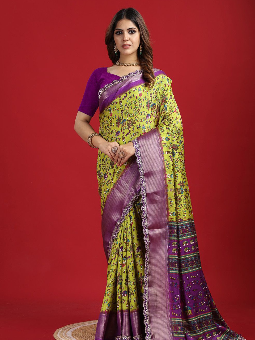

NIRMAL CREATION Warli Printed Zari Saree, Green