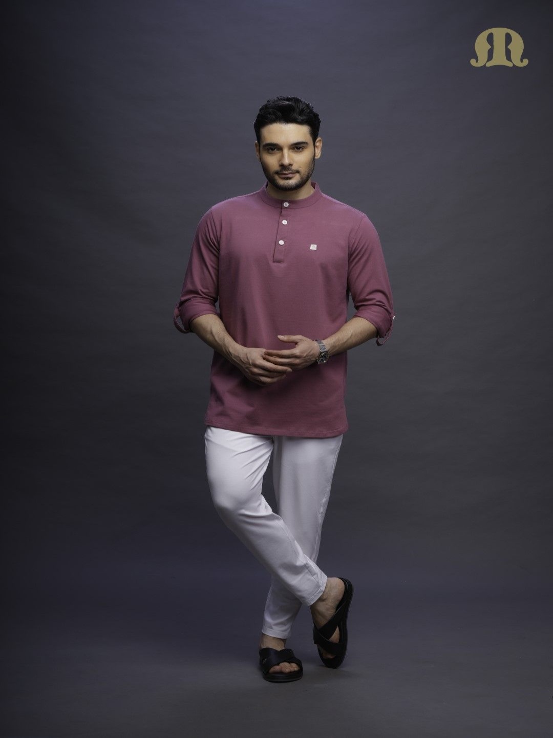 

MASHROO Band Collar Straight Kurta With Pyjamas, Pink